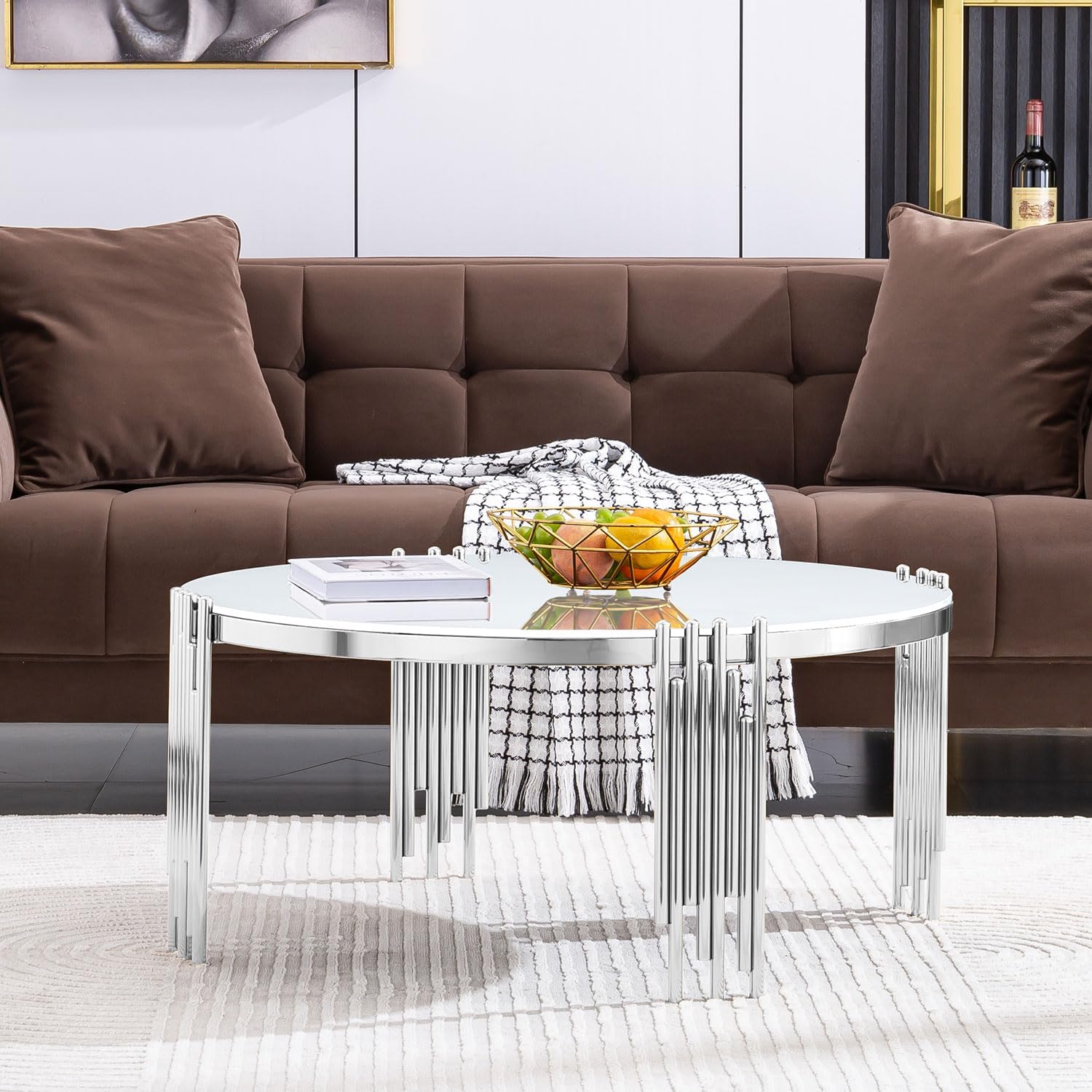 Silver Round coffee table set | Metal multi-cylindrical legs | L221