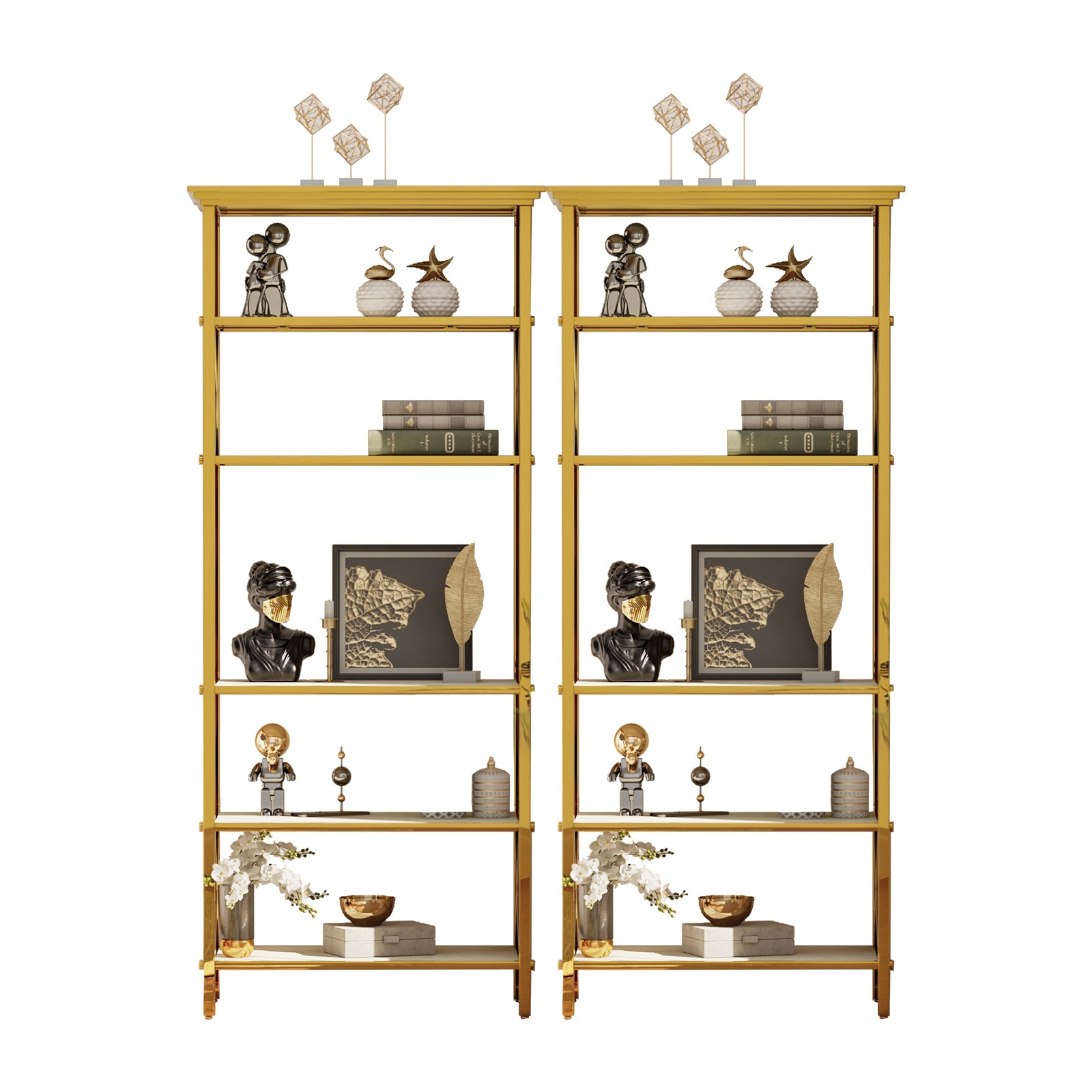 71 ” Gold Bookcase | BeigeGlass Tabletop with Stainless Steel Frame | Set of 2 | 6 Tier Bookshelf for Living Room Study Room