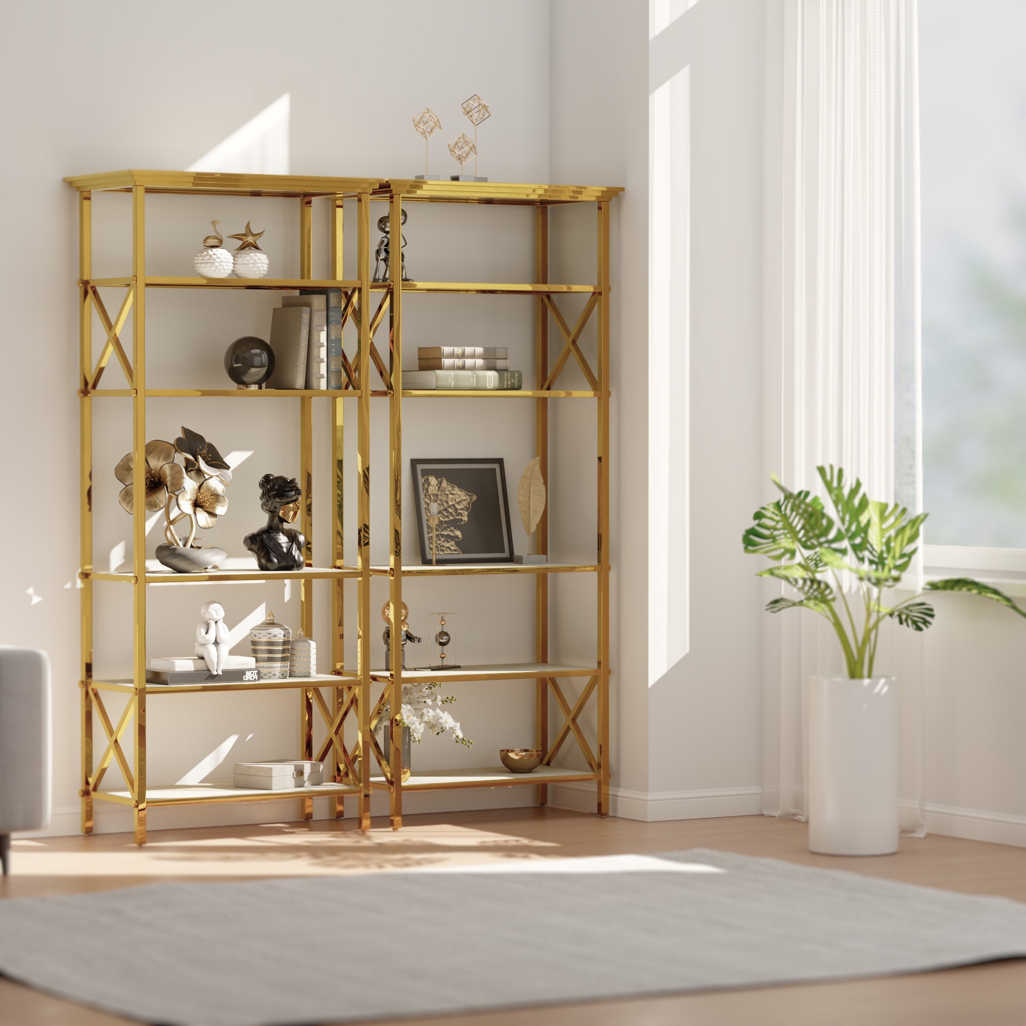 71 ” Gold Bookcase | BeigeGlass Tabletop with Stainless Steel Frame | Set of 2 | 6 Tier Bookshelf for Living Room Study Room
