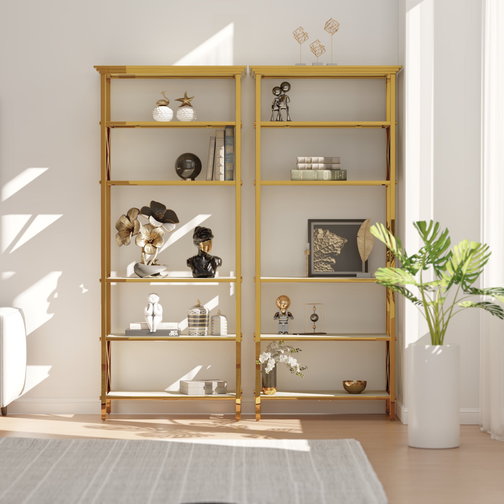 71 ” Gold Bookcase | BeigeGlass Tabletop with Stainless Steel Frame | Set of 2 | 6 Tier Bookshelf for Living Room Study Room