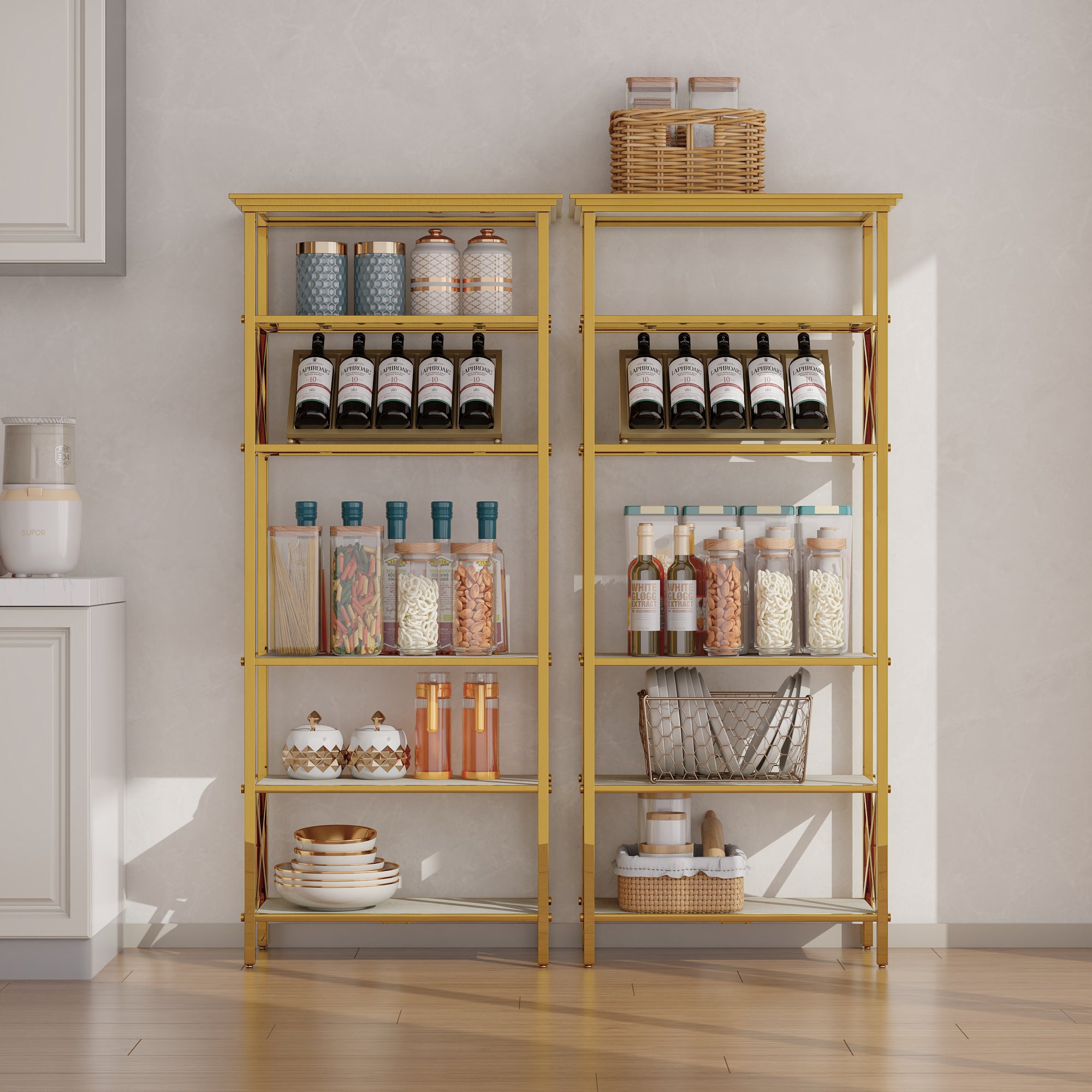 71 ” Gold Bookcase | BeigeGlass Tabletop with Stainless Steel Frame | Set of 2 | 6 Tier Bookshelf for Living Room Study Room