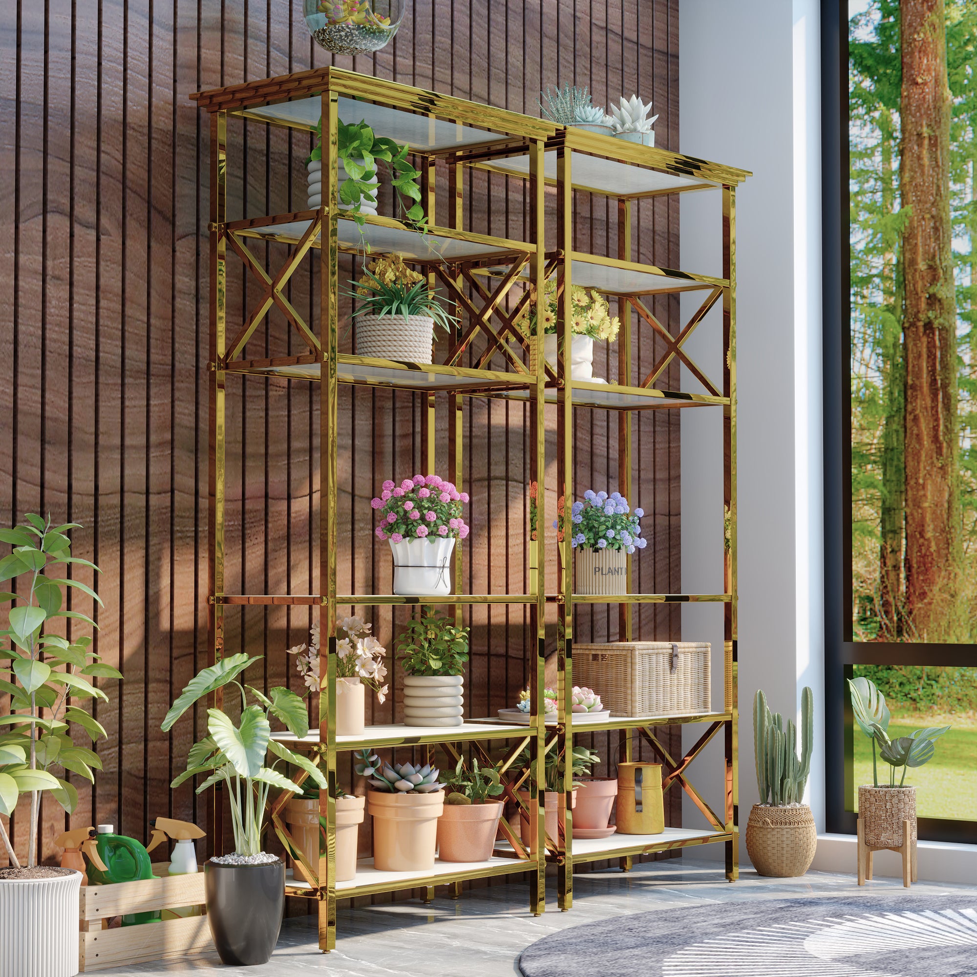 71 ” Gold Bookcase | BeigeGlass Tabletop with Stainless Steel Frame | Set of 2 | 6 Tier Bookshelf for Living Room Study Room