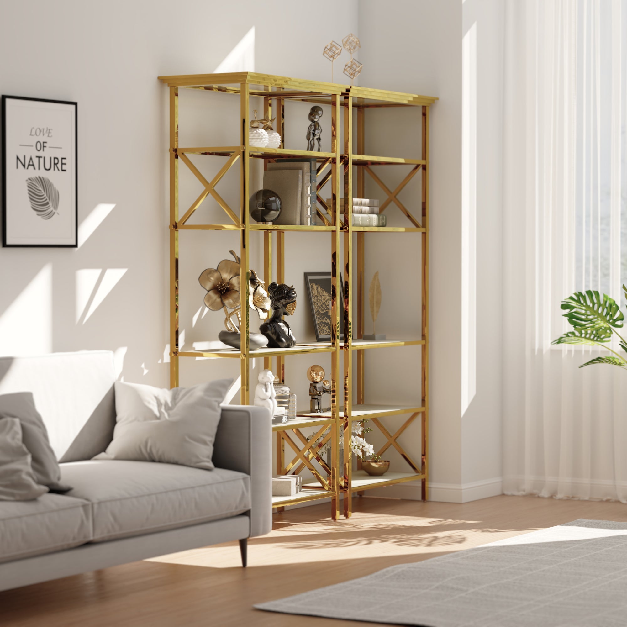 71 ” Gold Bookcase | BeigeGlass Tabletop with Stainless Steel Frame | Set of 2 | 6 Tier Bookshelf for Living Room Study Room
