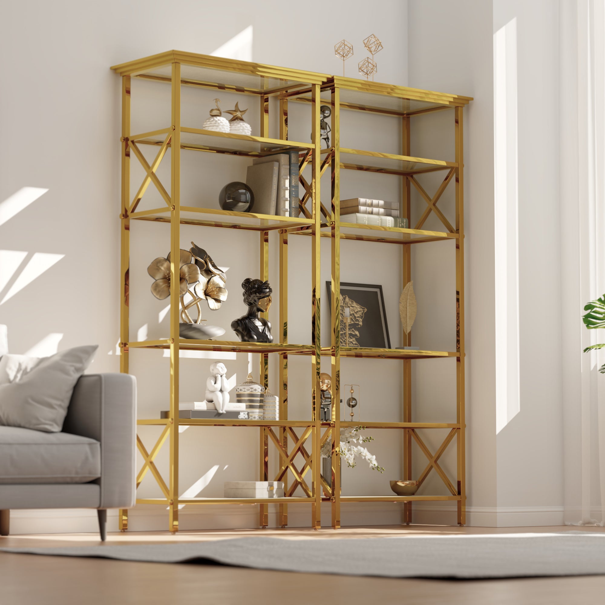 71 ” Gold Bookcase | BeigeGlass Tabletop with Stainless Steel Frame | Set of 2 | 6 Tier Bookshelf for Living Room Study Room