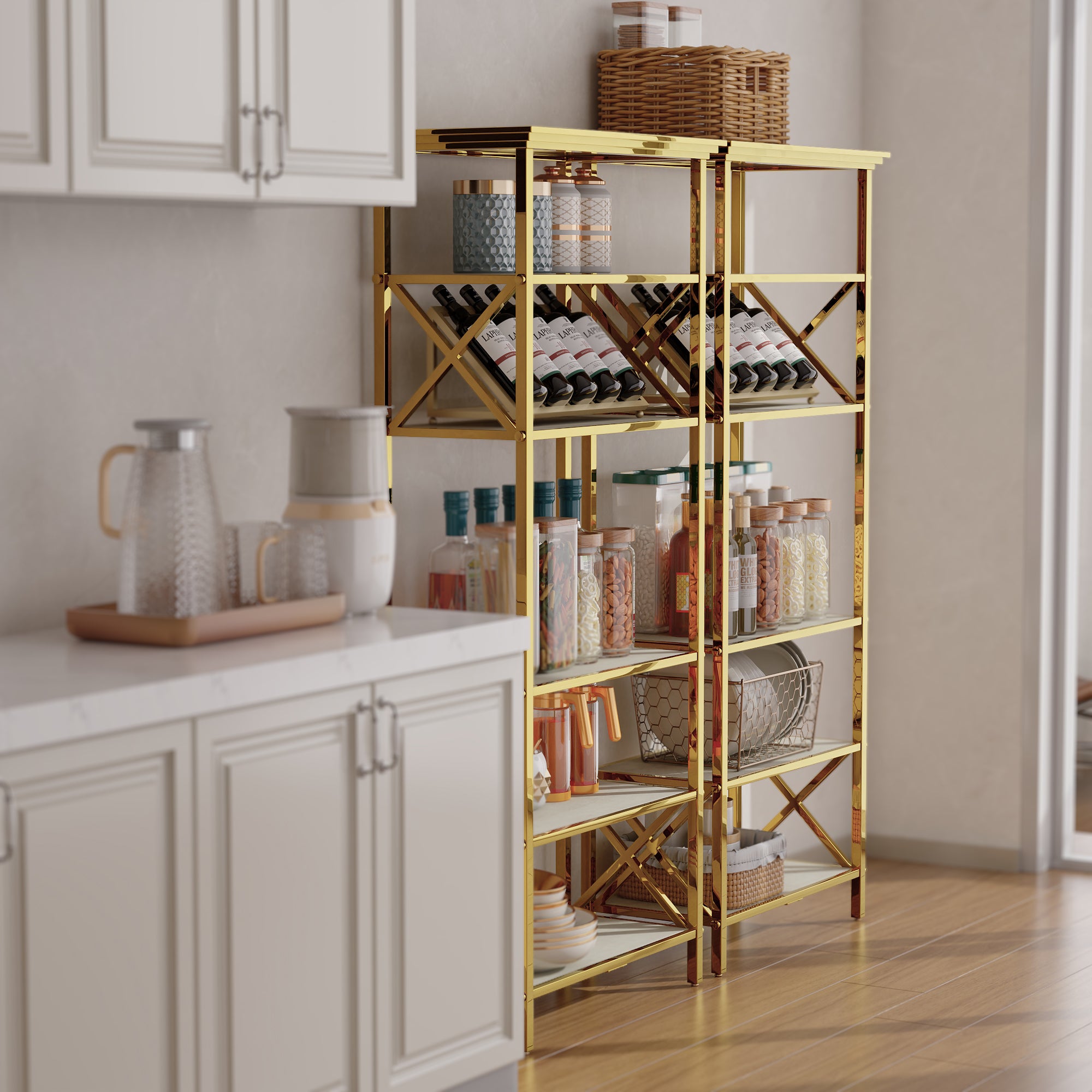 71 ” Gold Bookcase | BeigeGlass Tabletop with Stainless Steel Frame | Set of 2 | 6 Tier Bookshelf for Living Room Study Room
