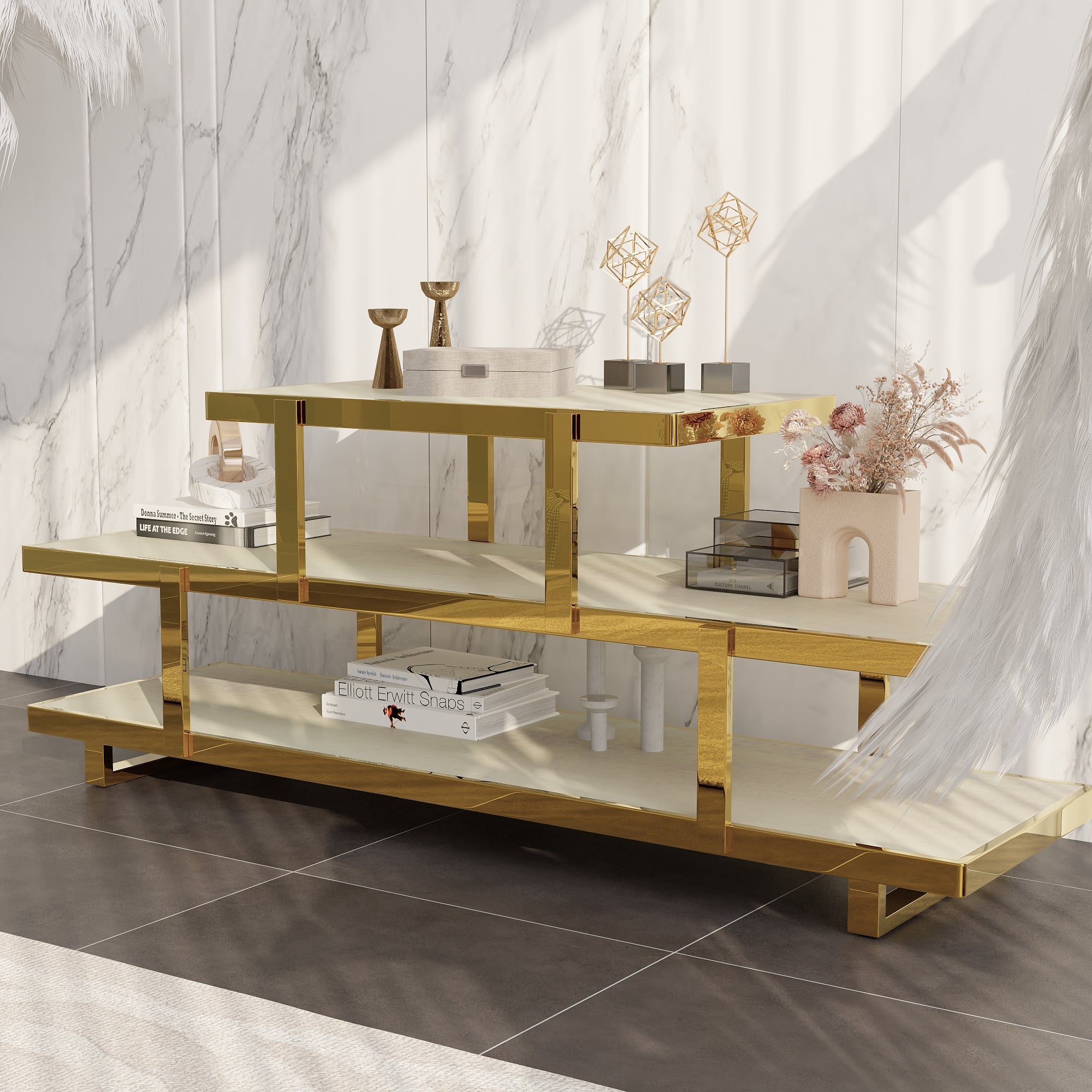 60” Gold TV Stand | 3 Tier Entertainment Center | Stainless Steel TV Consoles for Living Room