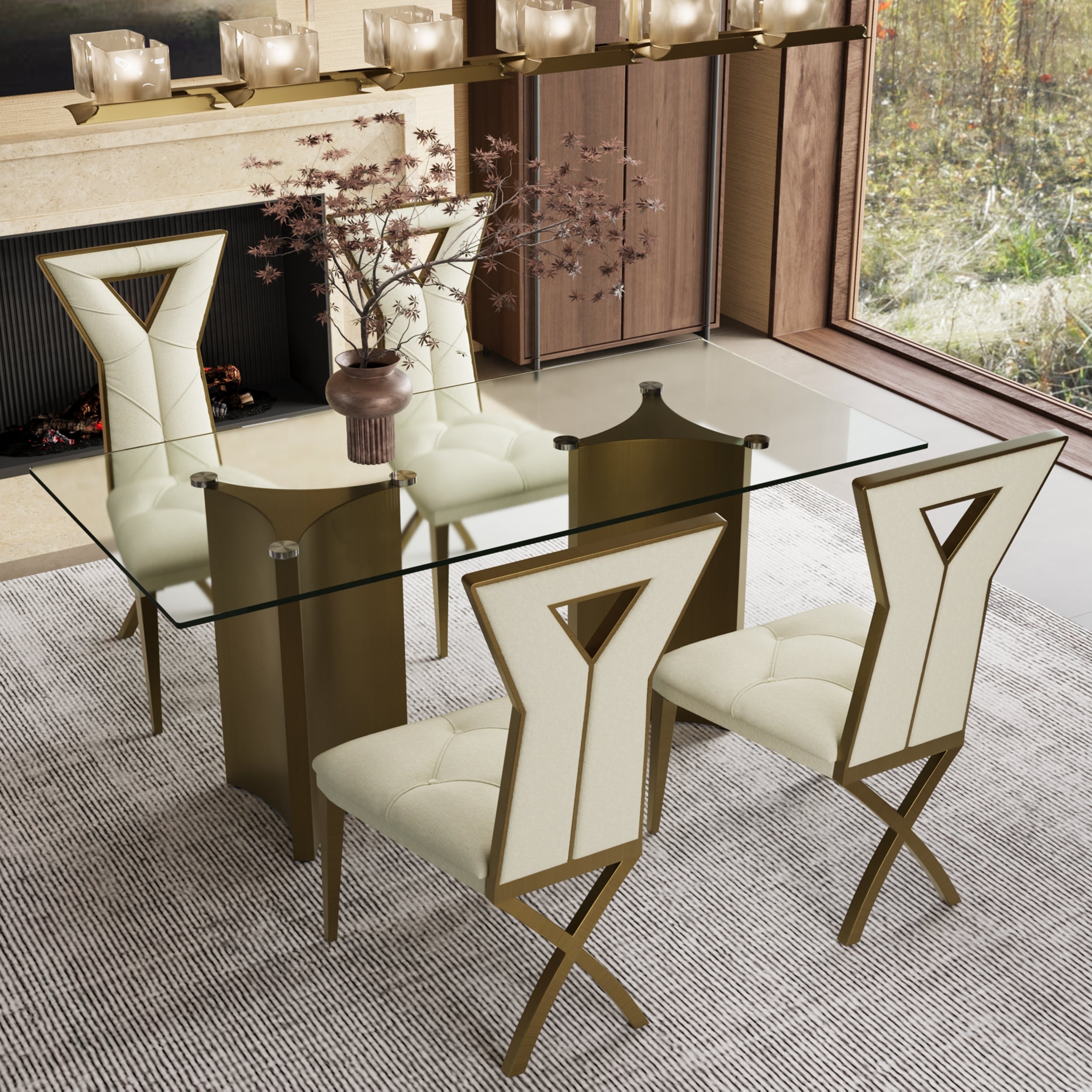 722 Set | Brushed Gold Dining Table Set for 4 | 70" Glass Dining Table and 4 Pcs Brushed Gold Dining Chairs