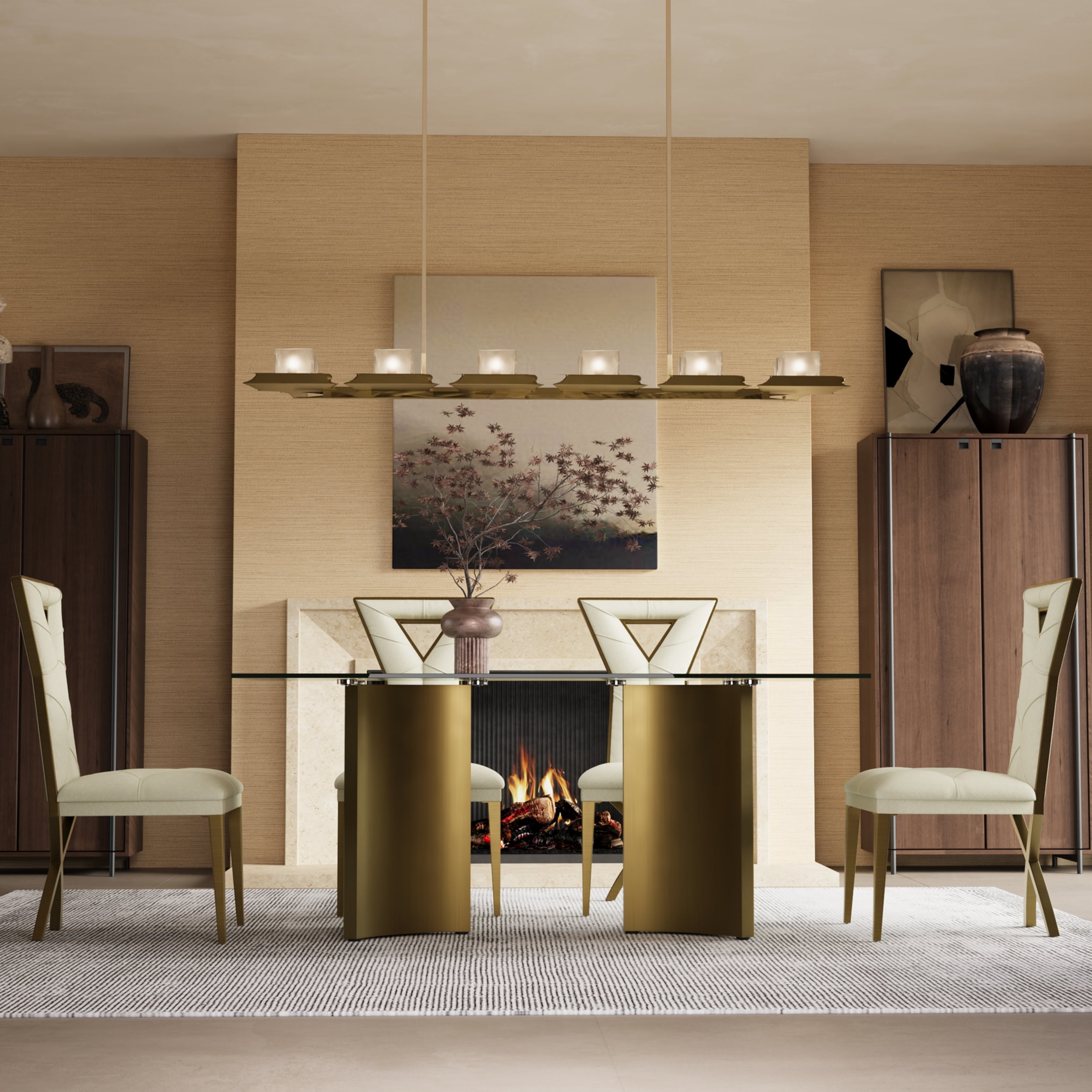 722 Set | Brushed Gold Dining Table Set for 4 | 70" Glass Dining Table and 4 Pcs Brushed Gold Dining Chairs