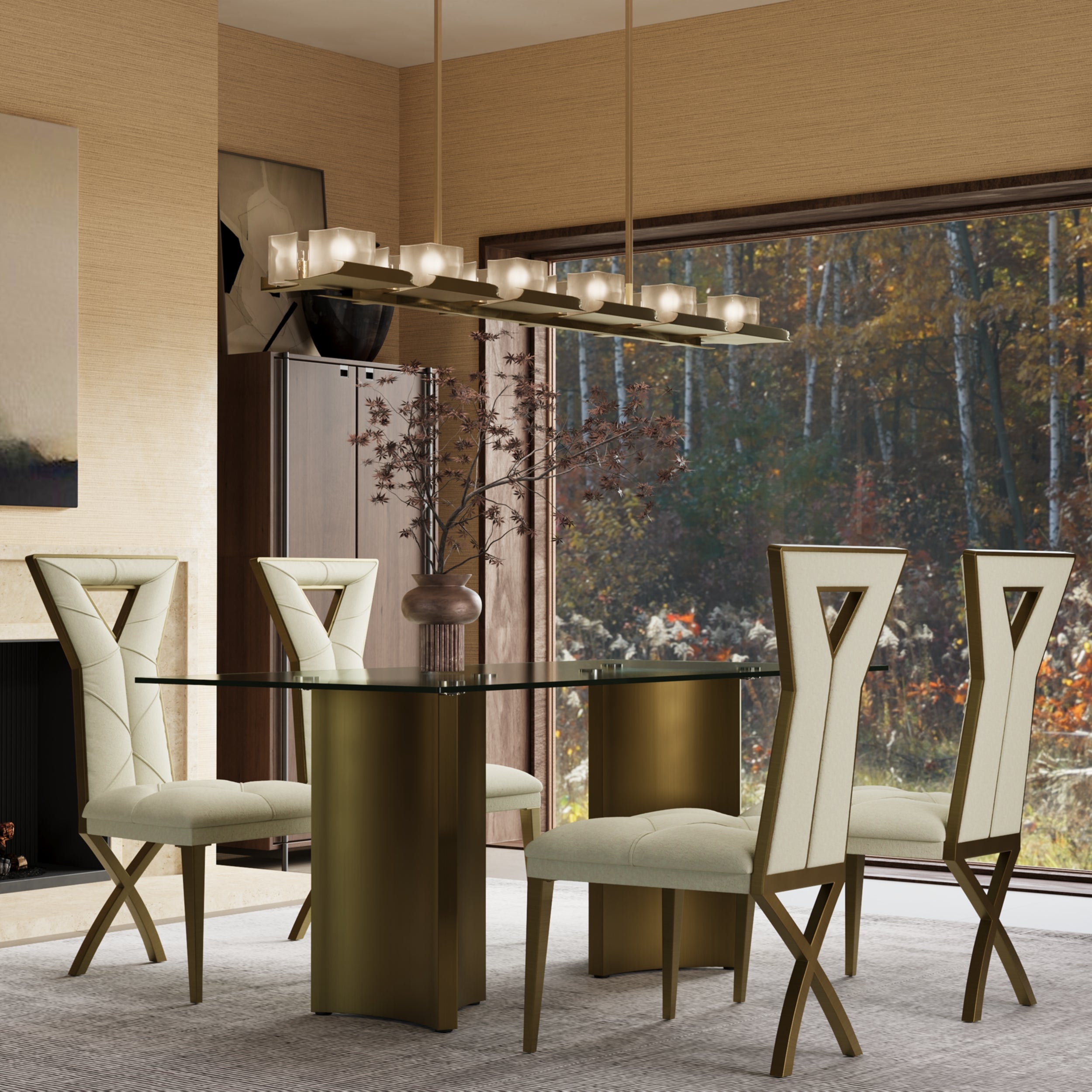 722 Set | Brushed Gold Dining Table Set for 4 | 70" Glass Dining Table and 4 Pcs Brushed Gold Dining Chairs