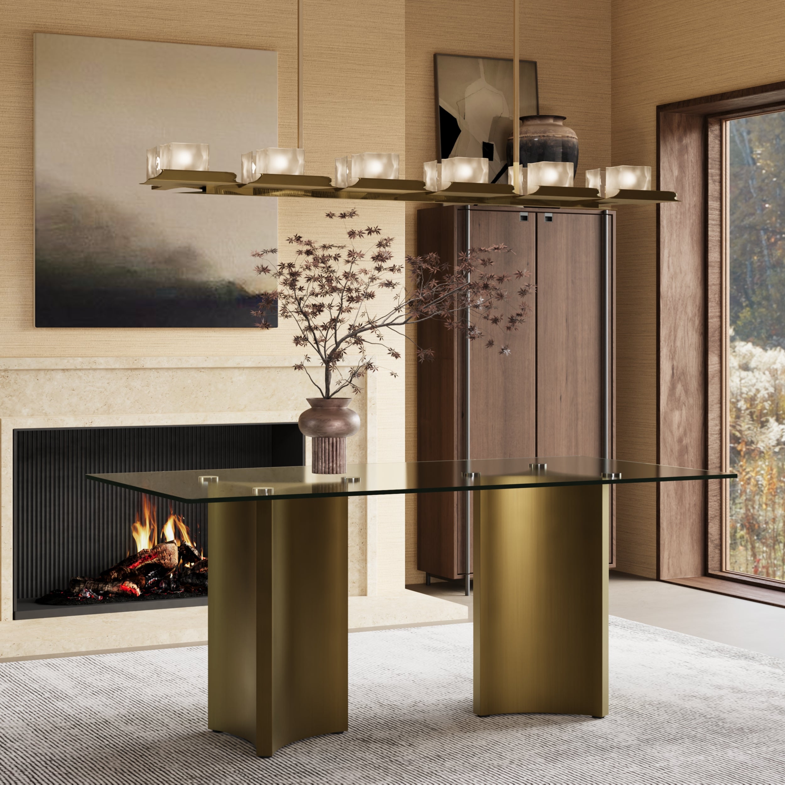 722 Set | Brushed Gold Dining Table Set for 4 | 70" Glass Dining Table and 4 Pcs Brushed Gold Dining Chairs