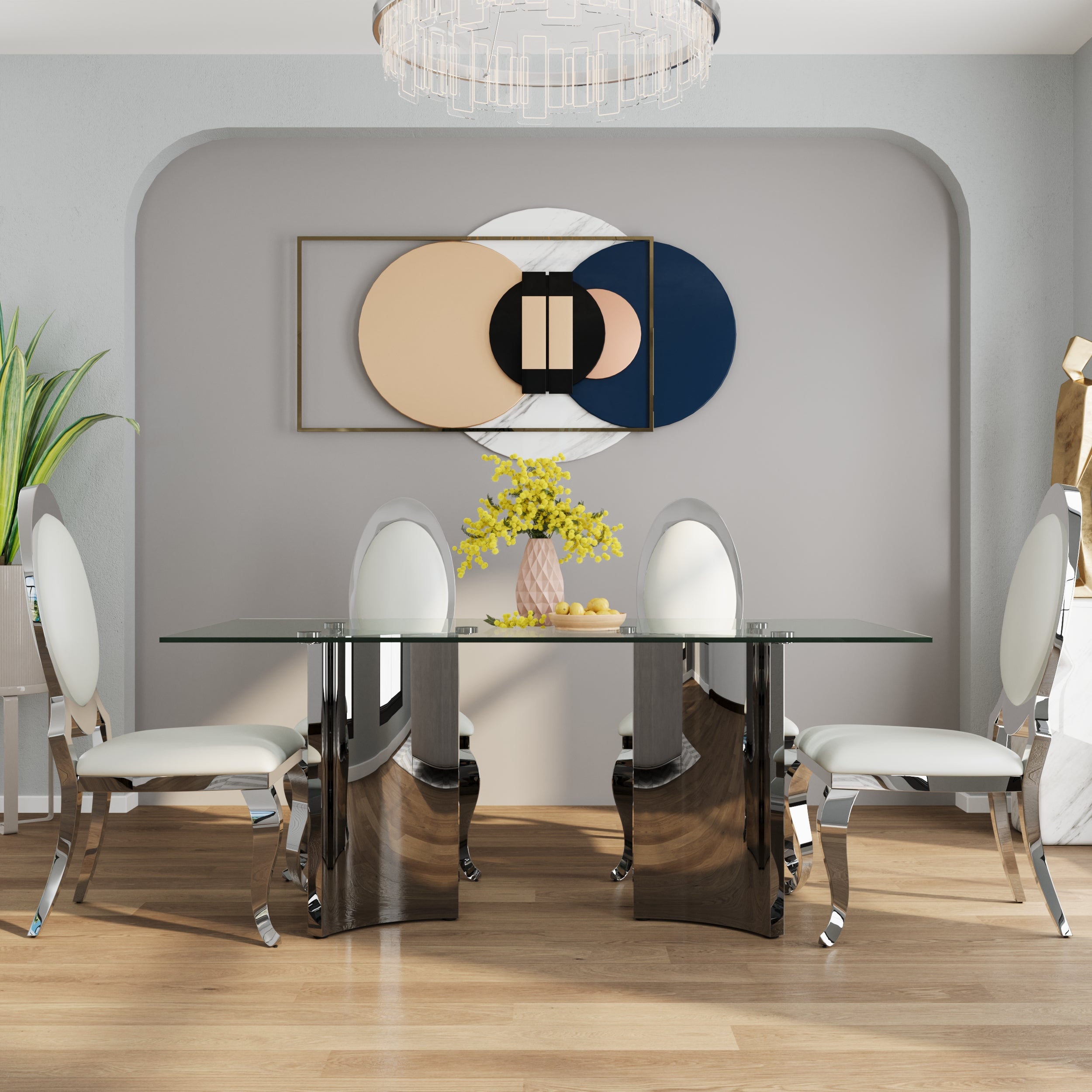 70" Glass Dining Table | Triangle Base Dining Table Table for 4-6 | Stainless Steel Frame  | T237