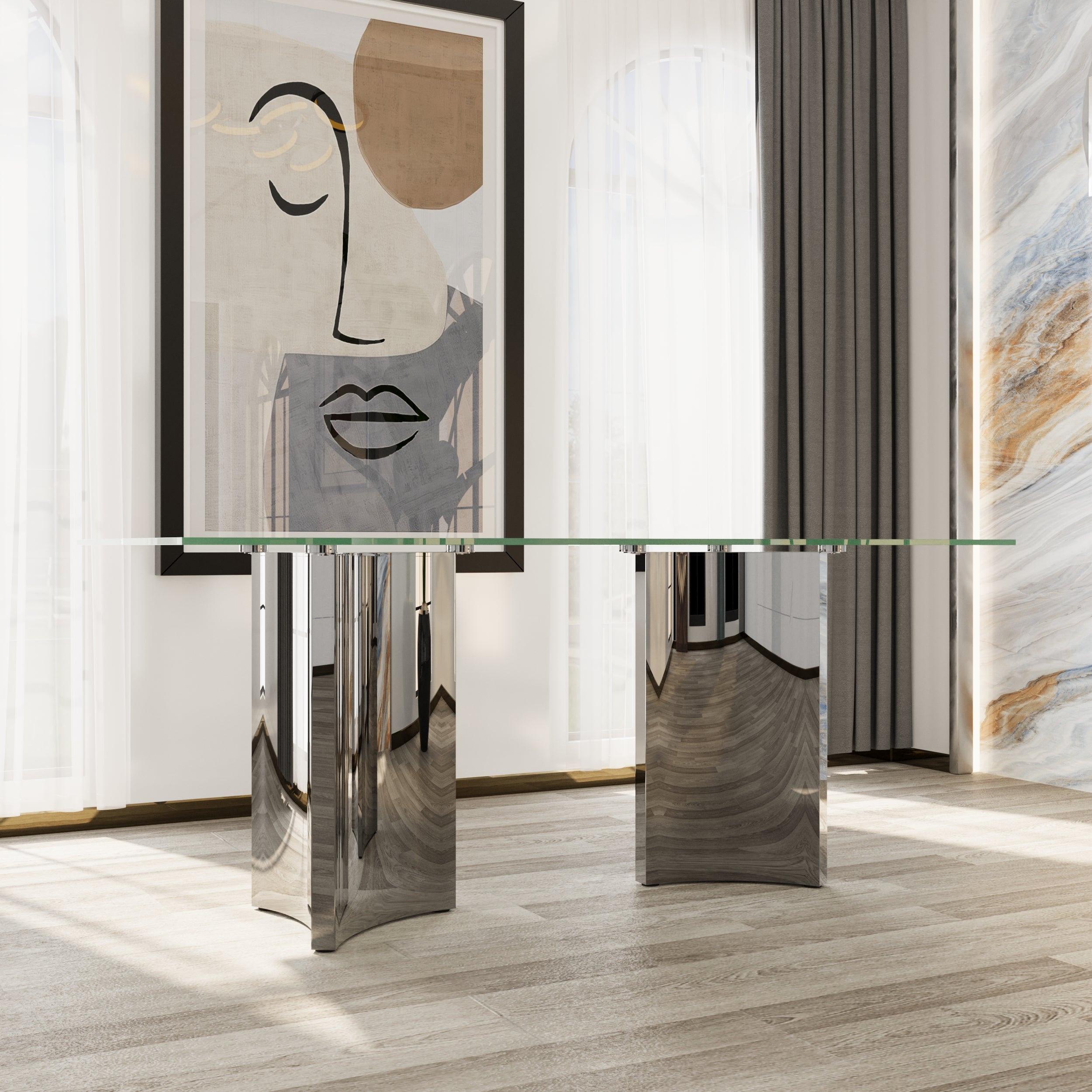 70" Glass Dining Table | Triangle Base Dining Table Table for 4-6 | Stainless Steel Frame  | T237