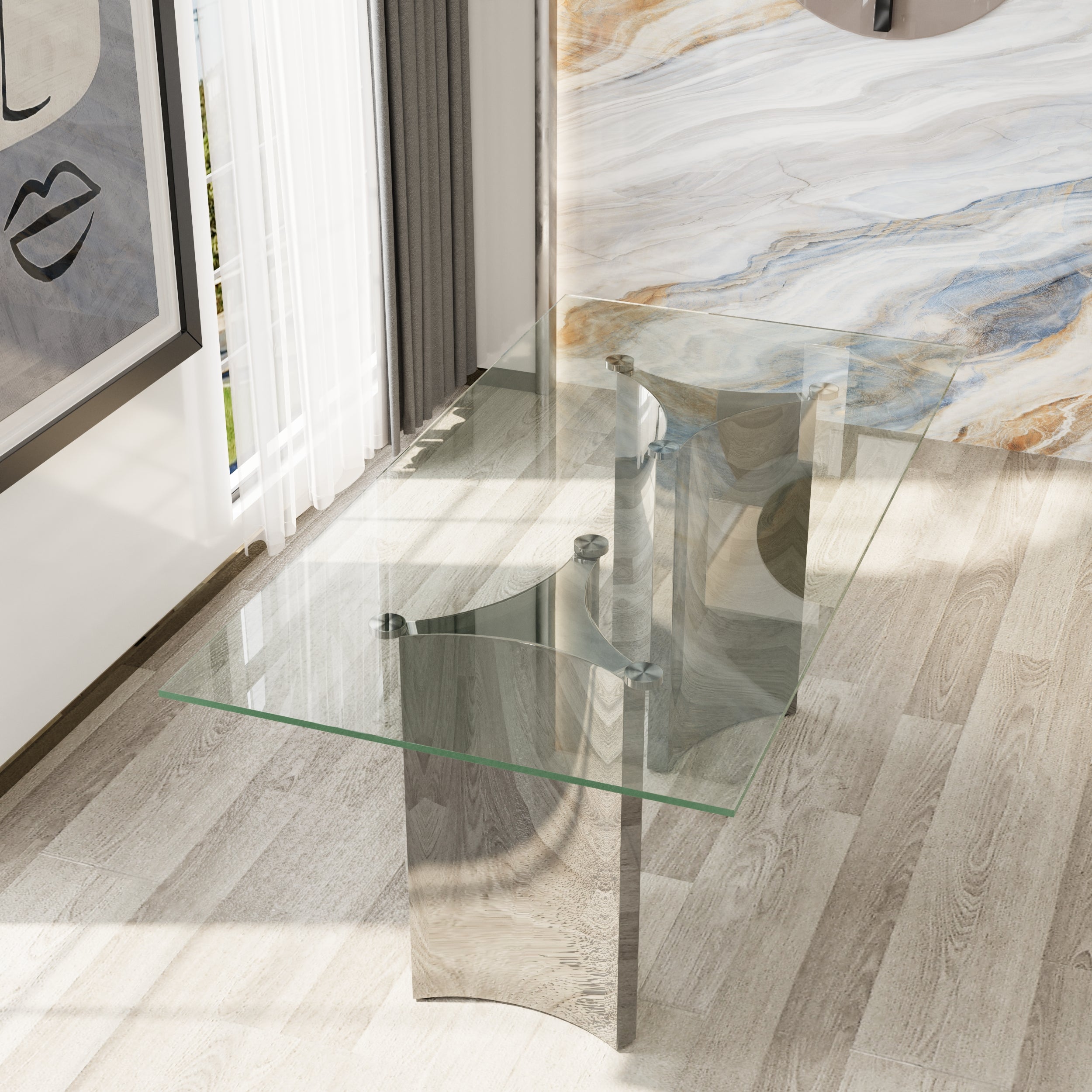 70" Glass Dining Table | Triangle Base Dining Table Table for 4-6 | Stainless Steel Frame  | T237