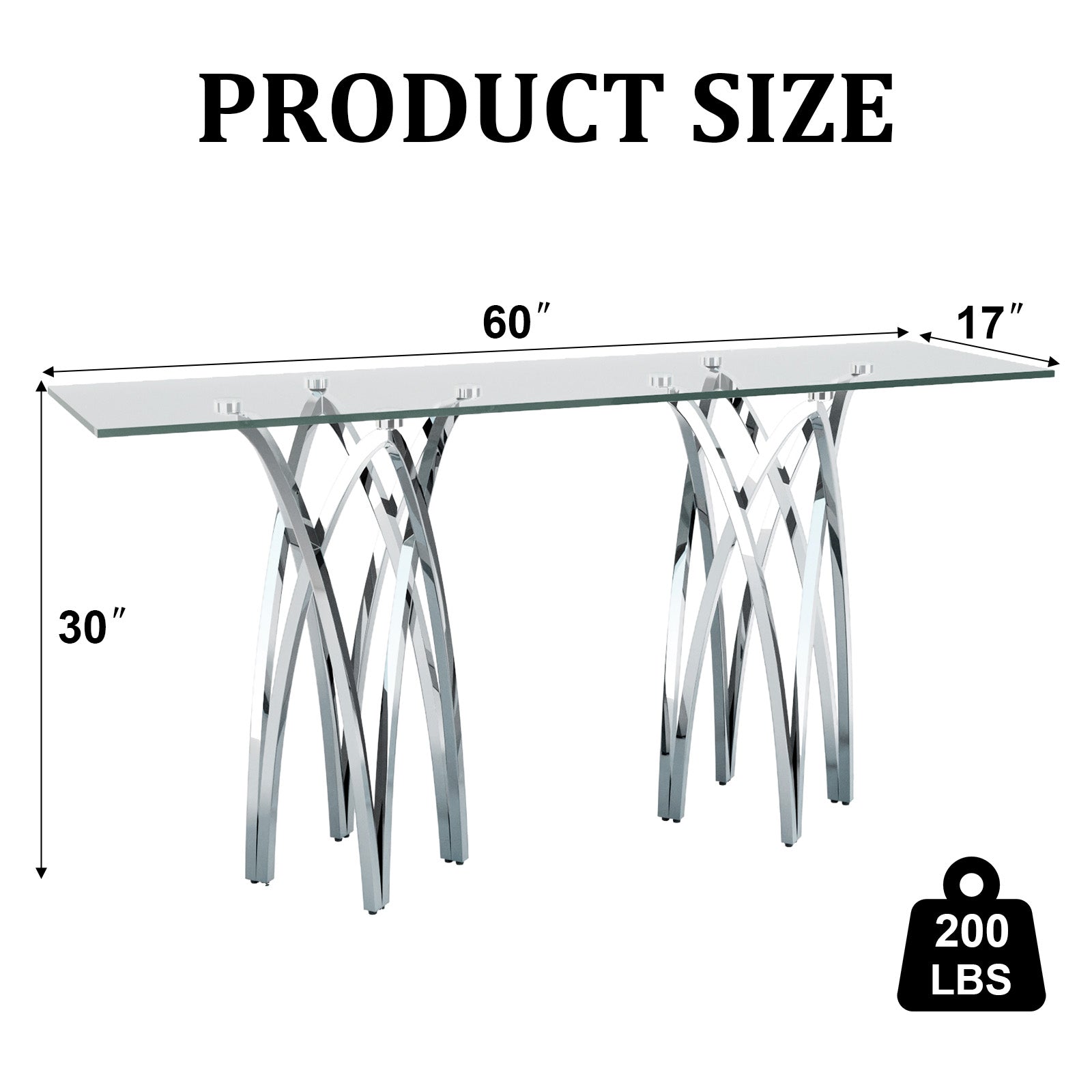 60 Inch Silver Console Table | Glass Crown Shape Sofa Table | Stainless Steel Silver Frame | S510