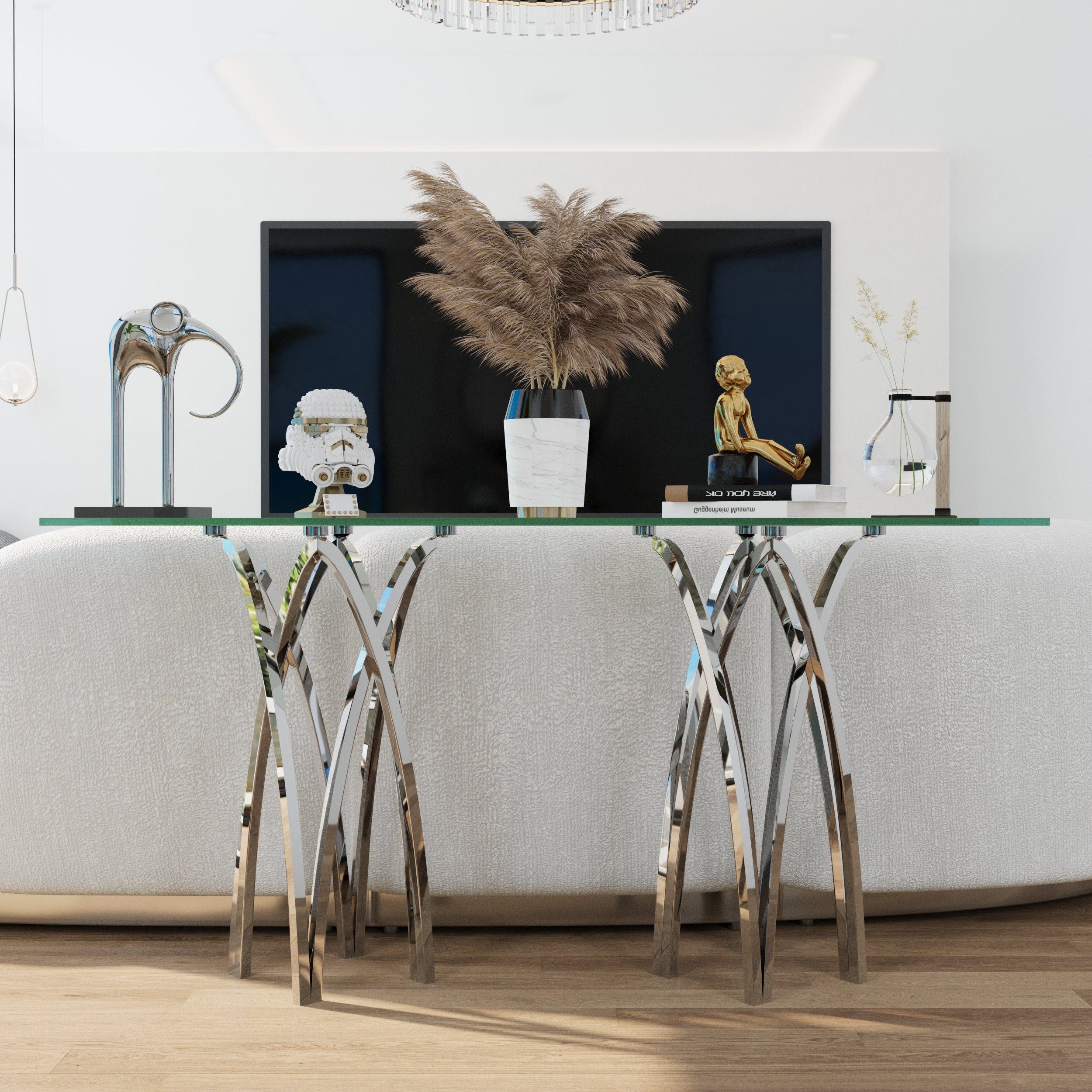 60 Inch Silver Console Table | Glass Crown Shape Sofa Table | Stainless Steel Silver Frame | S510