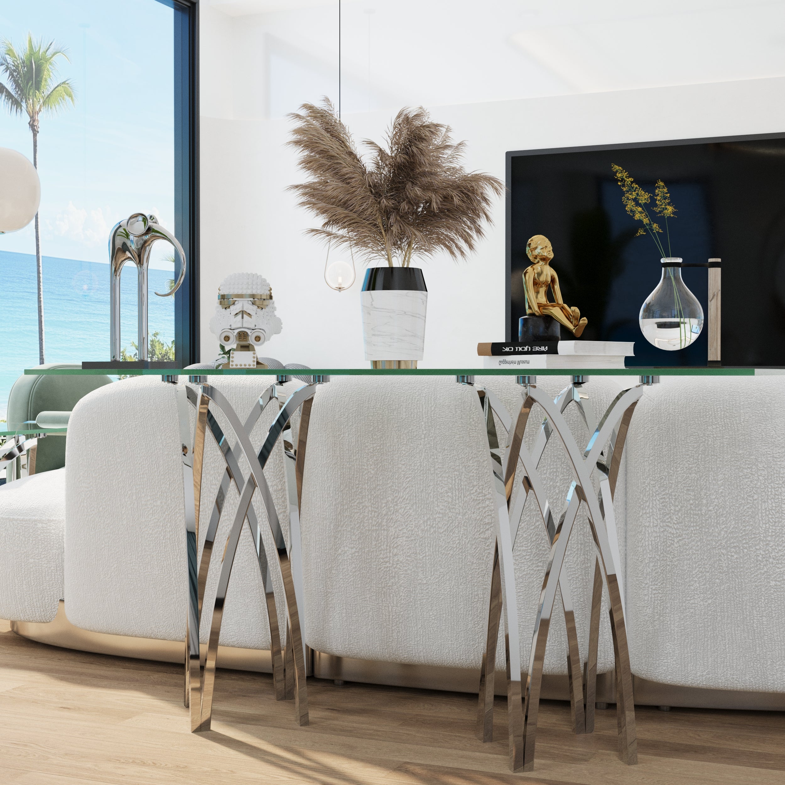 60 Inch Silver Console Table | Glass Crown Shape Sofa Table | Stainless Steel Silver Frame | S510