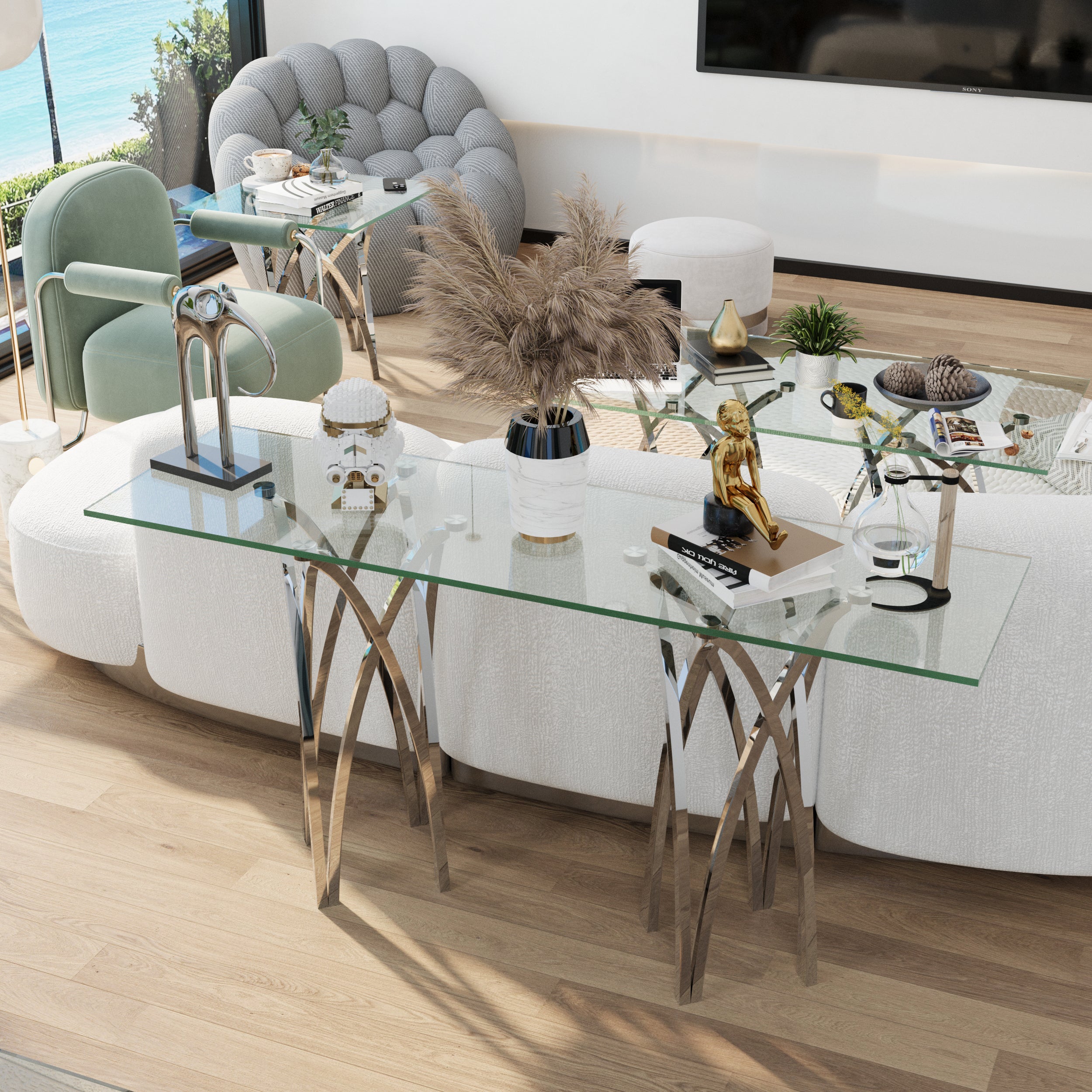 60 Inch Silver Console Table | Glass Crown Shape Sofa Table | Stainless Steel Silver Frame | S510
