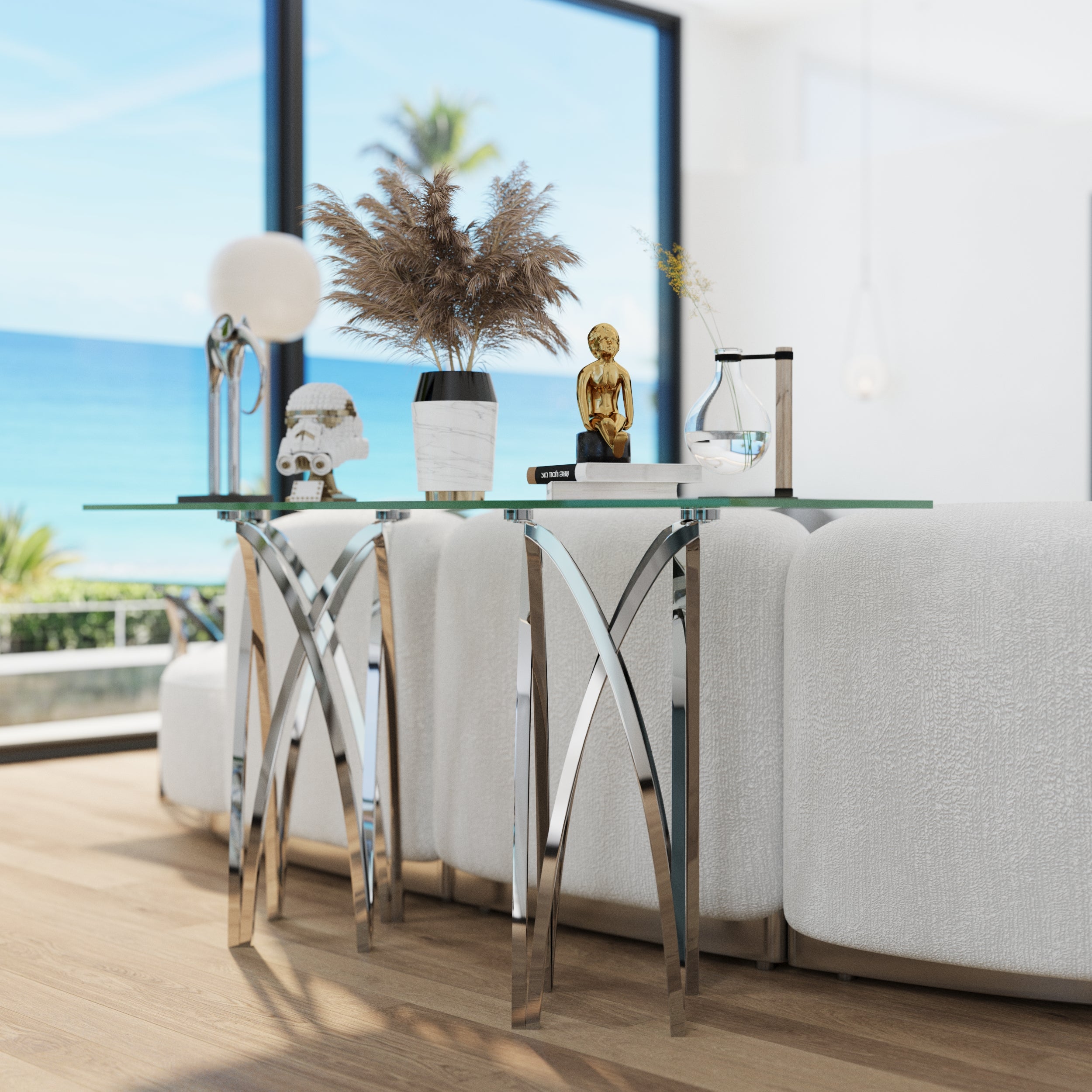 60 Inch Silver Console Table | Glass Crown Shape Sofa Table | Stainless Steel Silver Frame | S510