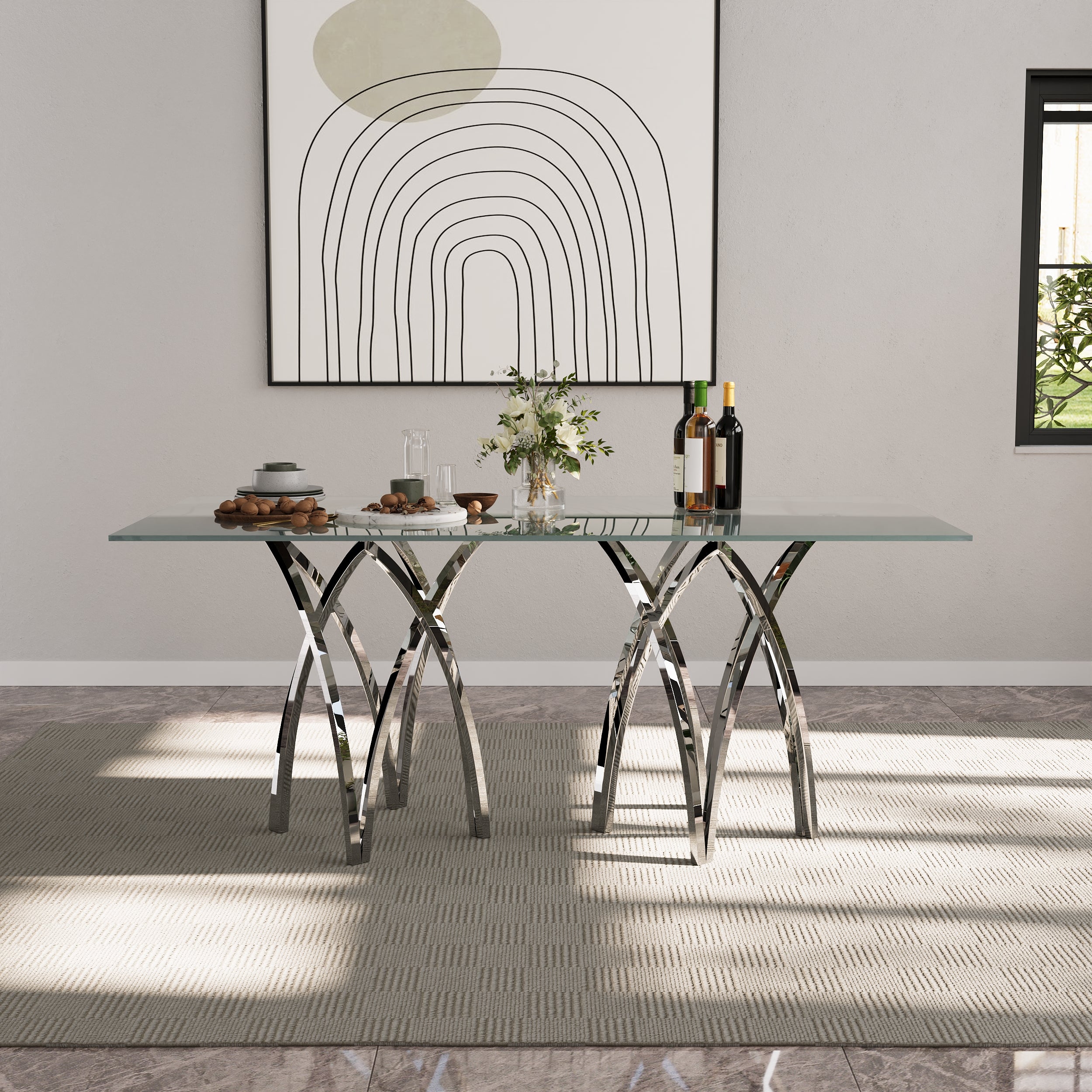 70" Crown Shape Dining Table | Glass Dining Table | Suitable for 4-6 People | Stainless Steel Silver Frame | T253