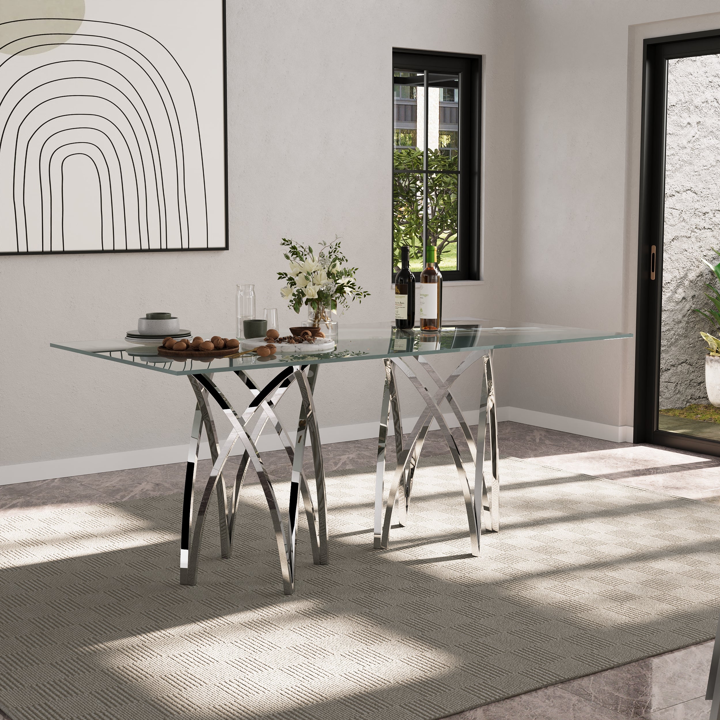 70" Crown Shape Dining Table | Glass Dining Table | Suitable for 4-6 People | Stainless Steel Silver Frame | T253
