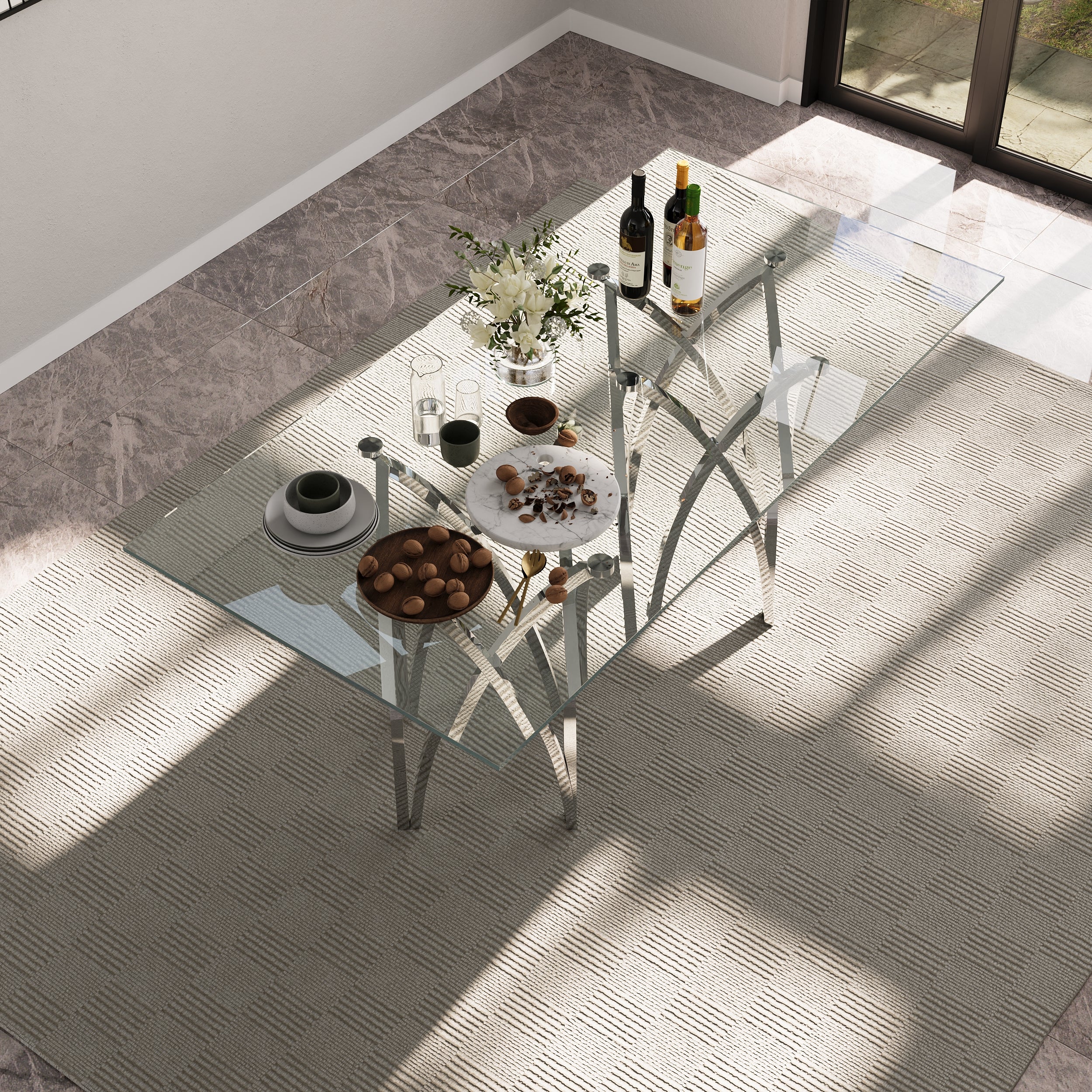 70" Crown Shape Dining Table | Glass Dining Table | Suitable for 4-6 People | Stainless Steel Silver Frame | T253