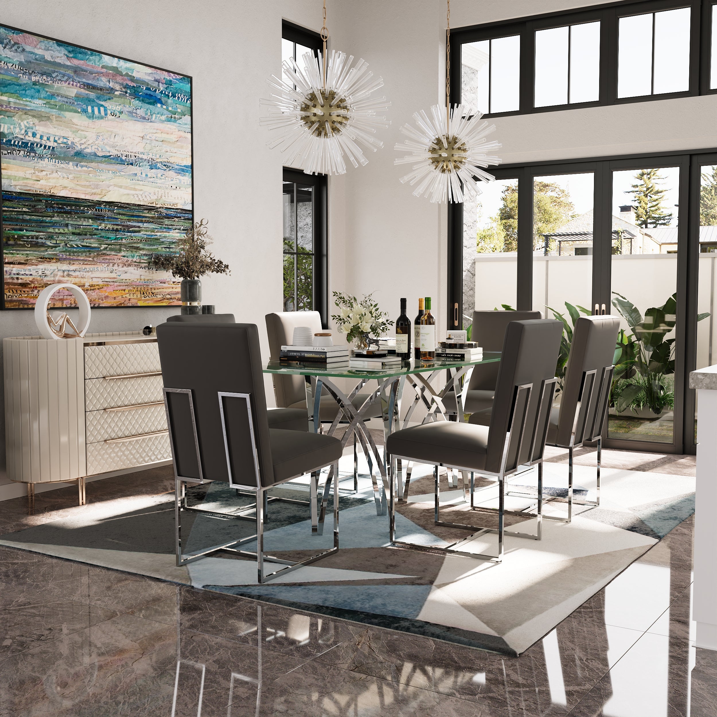 70" Crown Shape Dining Table | Glass Dining Table | Suitable for 4-6 People | Stainless Steel Silver Frame | T253