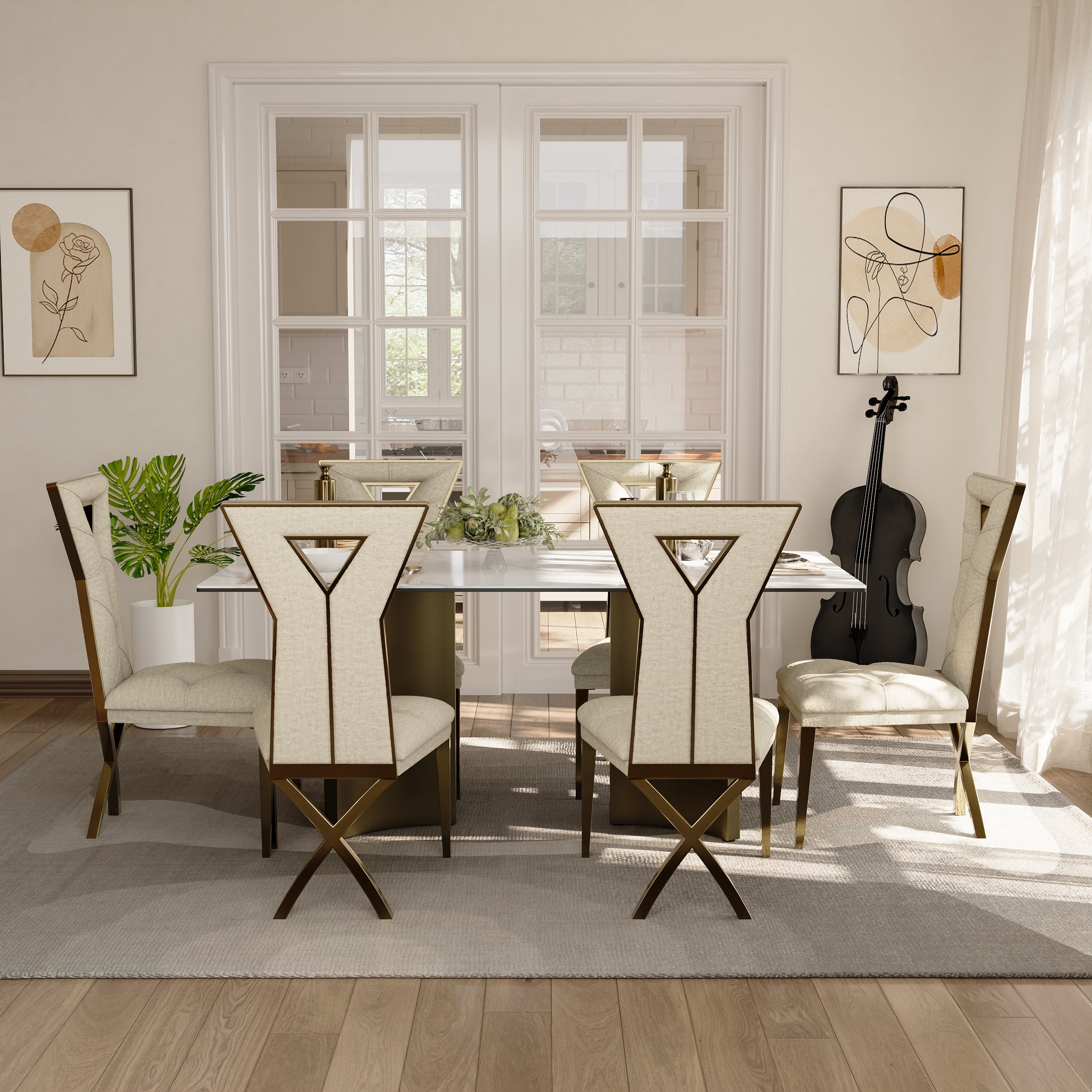 70" Sintered Stone Dining Table | Triangle Base Dining Table Table for 4-6 | Stainless Steel Brushed Gold Frame  | T241