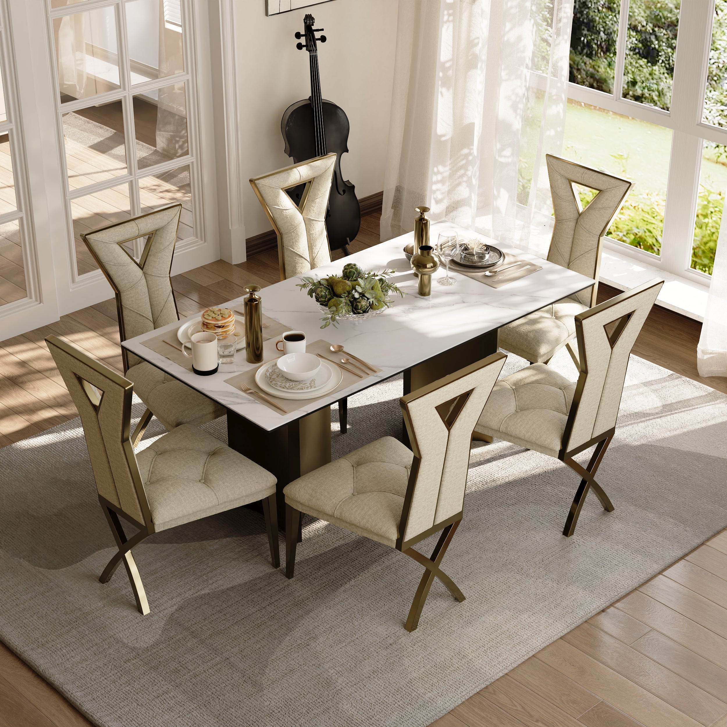70" Sintered Stone Dining Table | Triangle Base Dining Table Table for 4-6 | Stainless Steel Brushed Gold Frame  | T241