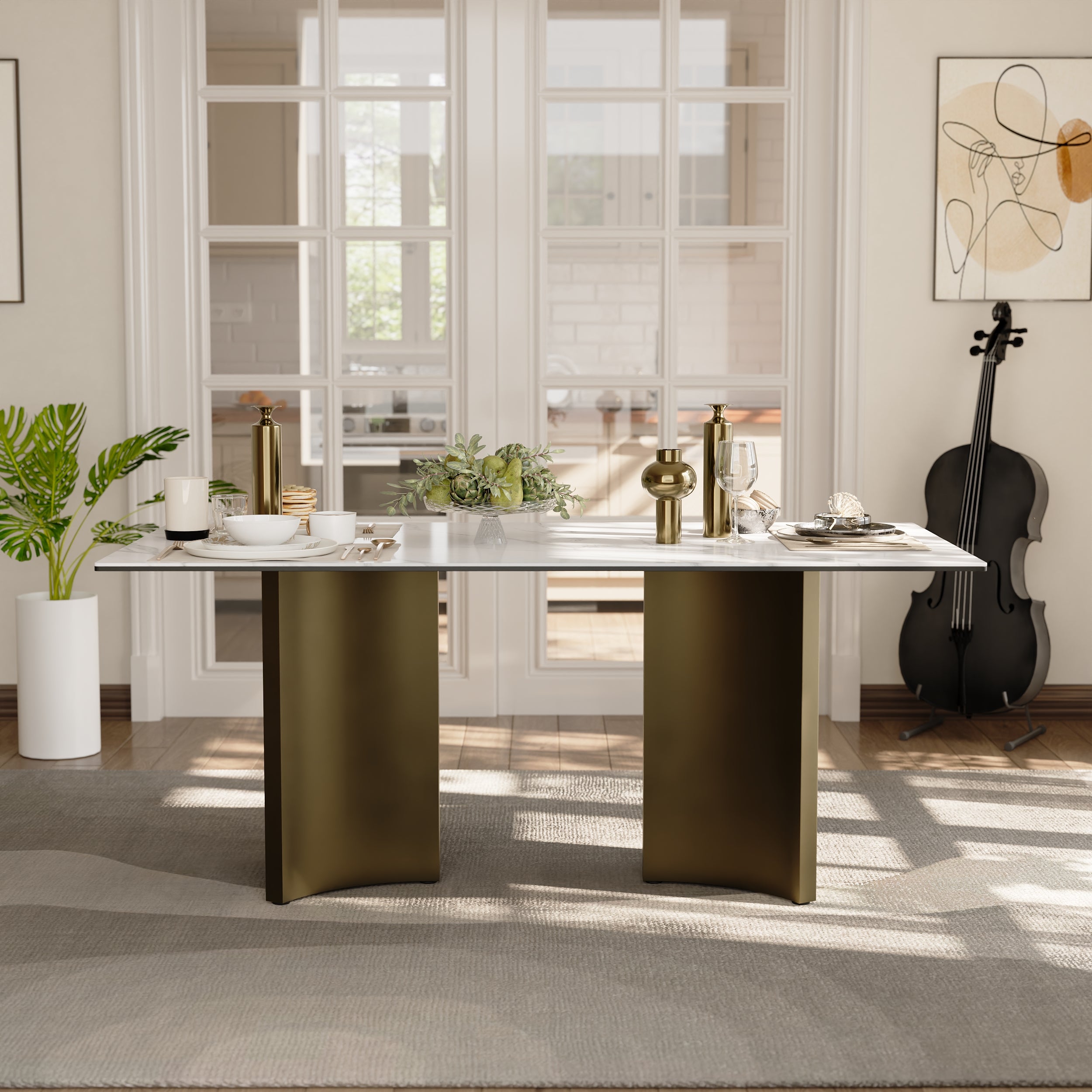 70" Sintered Stone Dining Table | Triangle Base Dining Table Table for 4-6 | Stainless Steel Brushed Gold Frame  | T241