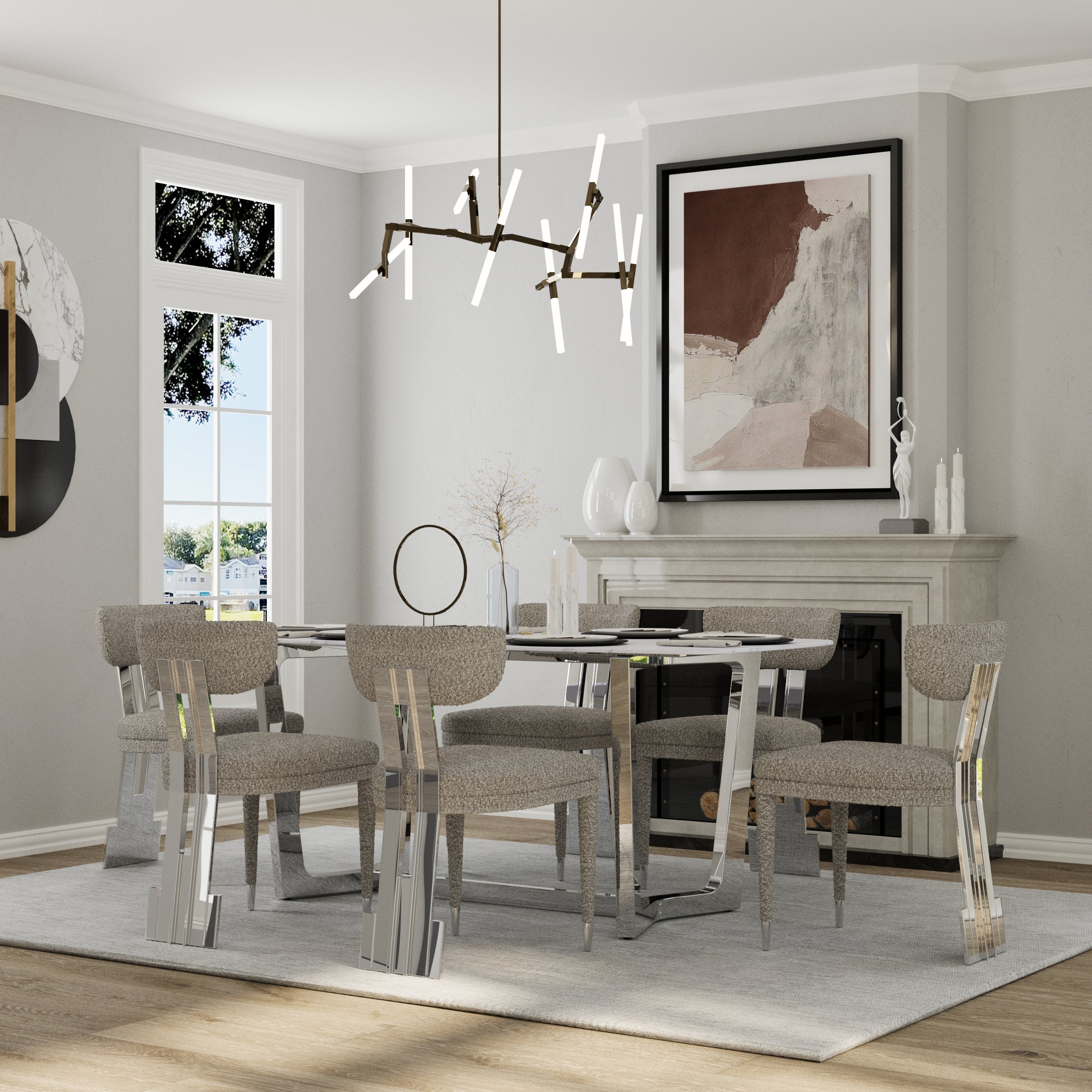 Gray and Silver Dining Chairs | Boucle Dining Room Chairs | Curved Back | Polished Stainless Steel Legs  | C191