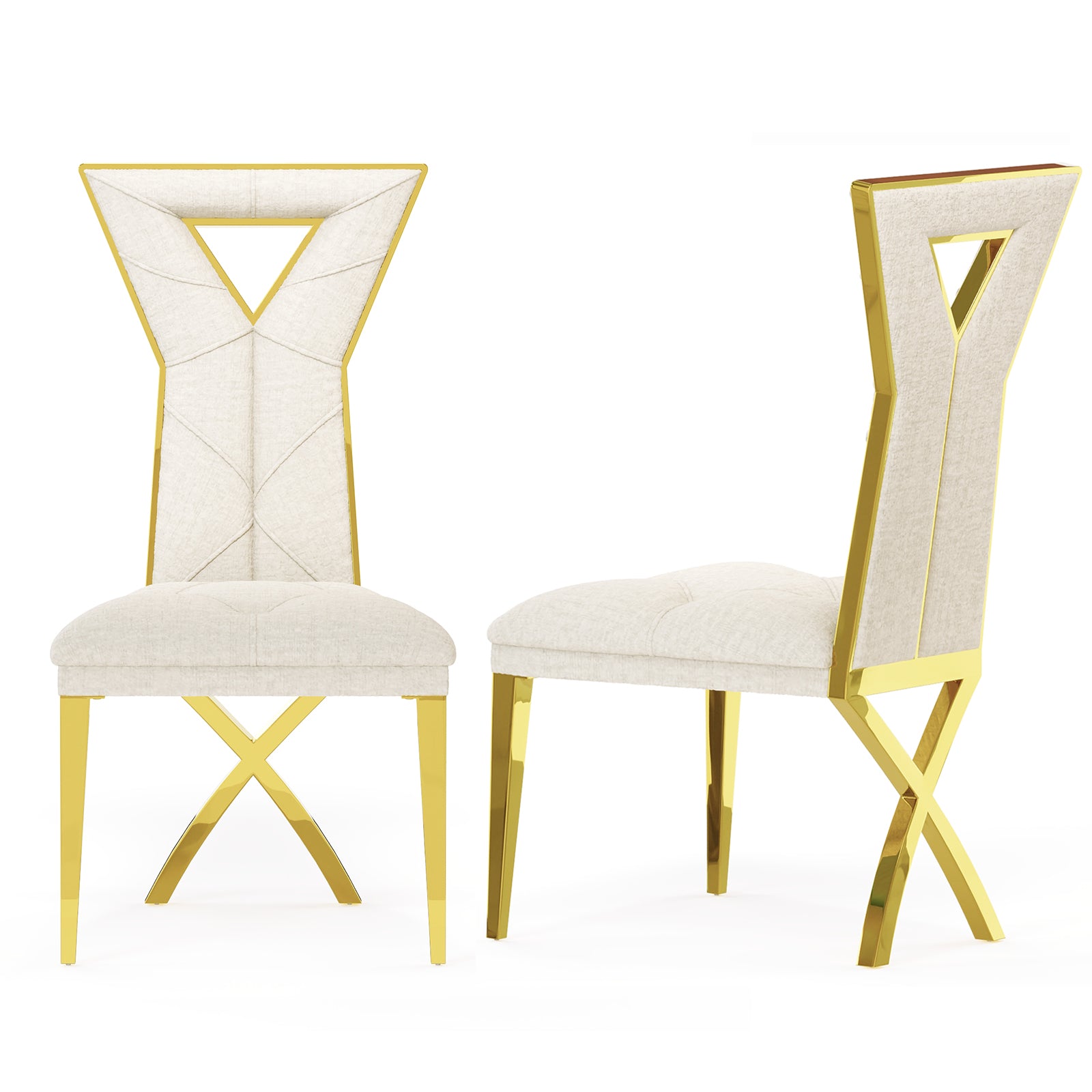Off White and Gold Dining Chairs | Chenille Dining Chairs | X-shaped Polished Leg | C182