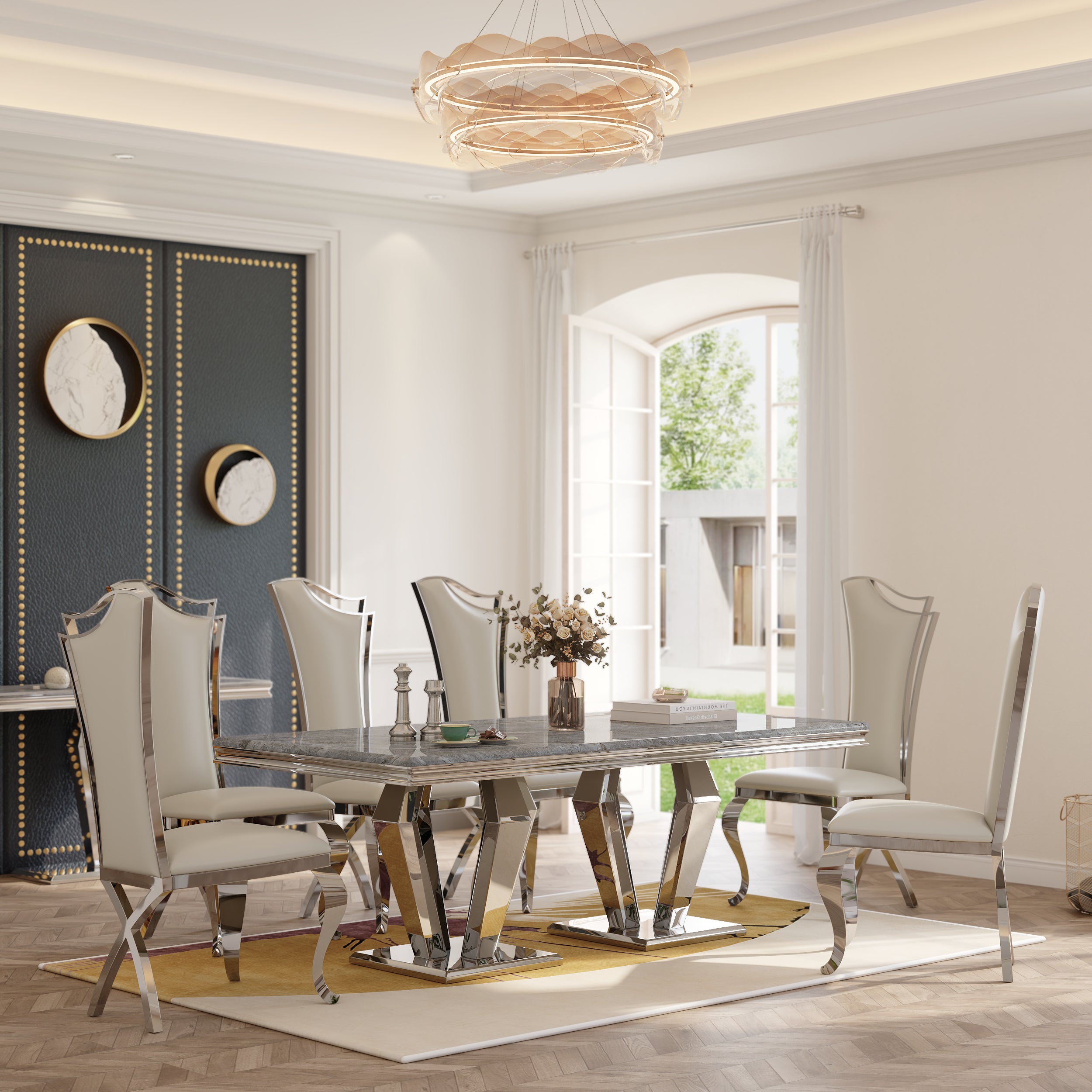 Dining table for 8 people | 78" Gray Top | Metal Four geometric legs | T210