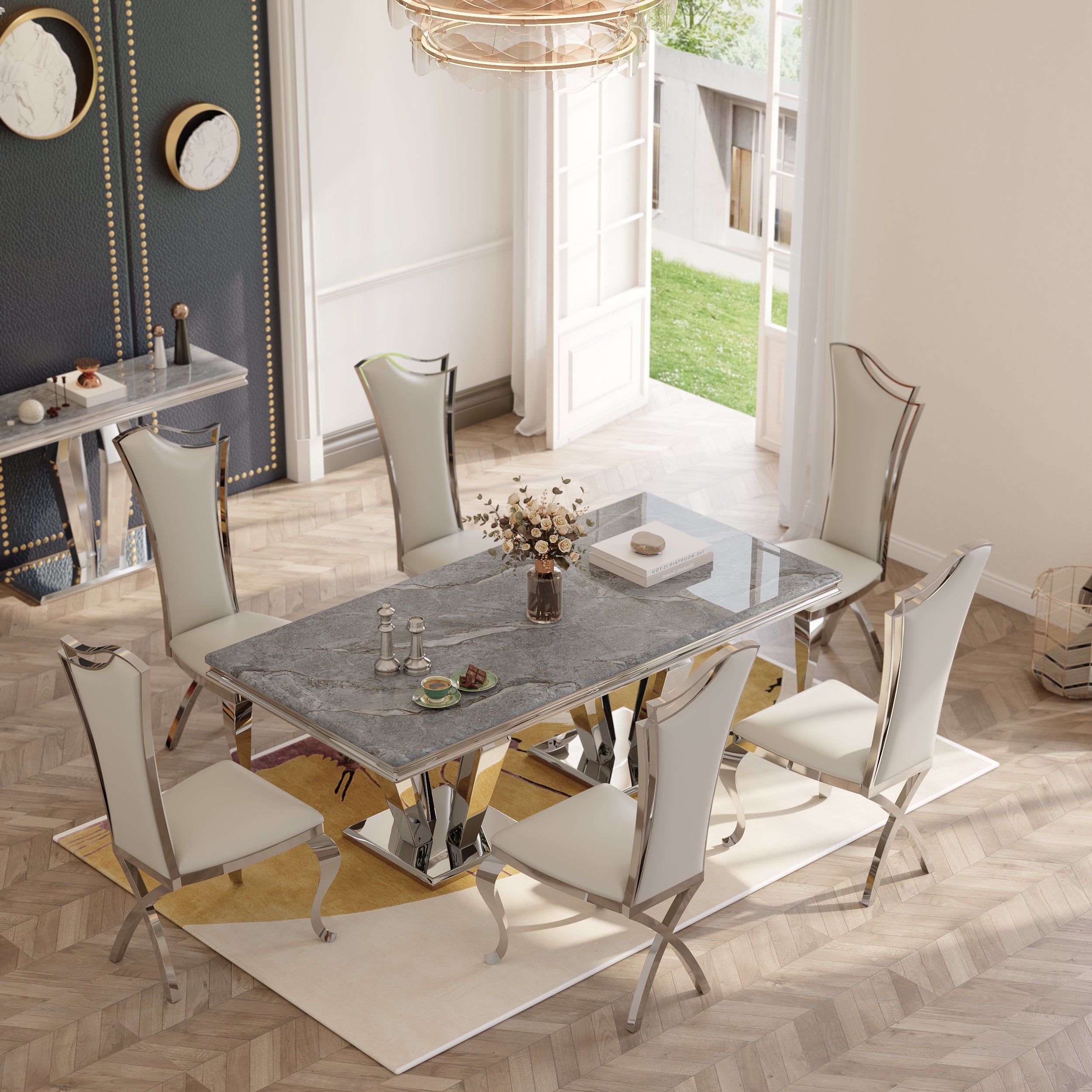 White leather  Dining Chairs | Streamlined High backrest | Silver Metal Legs | C165