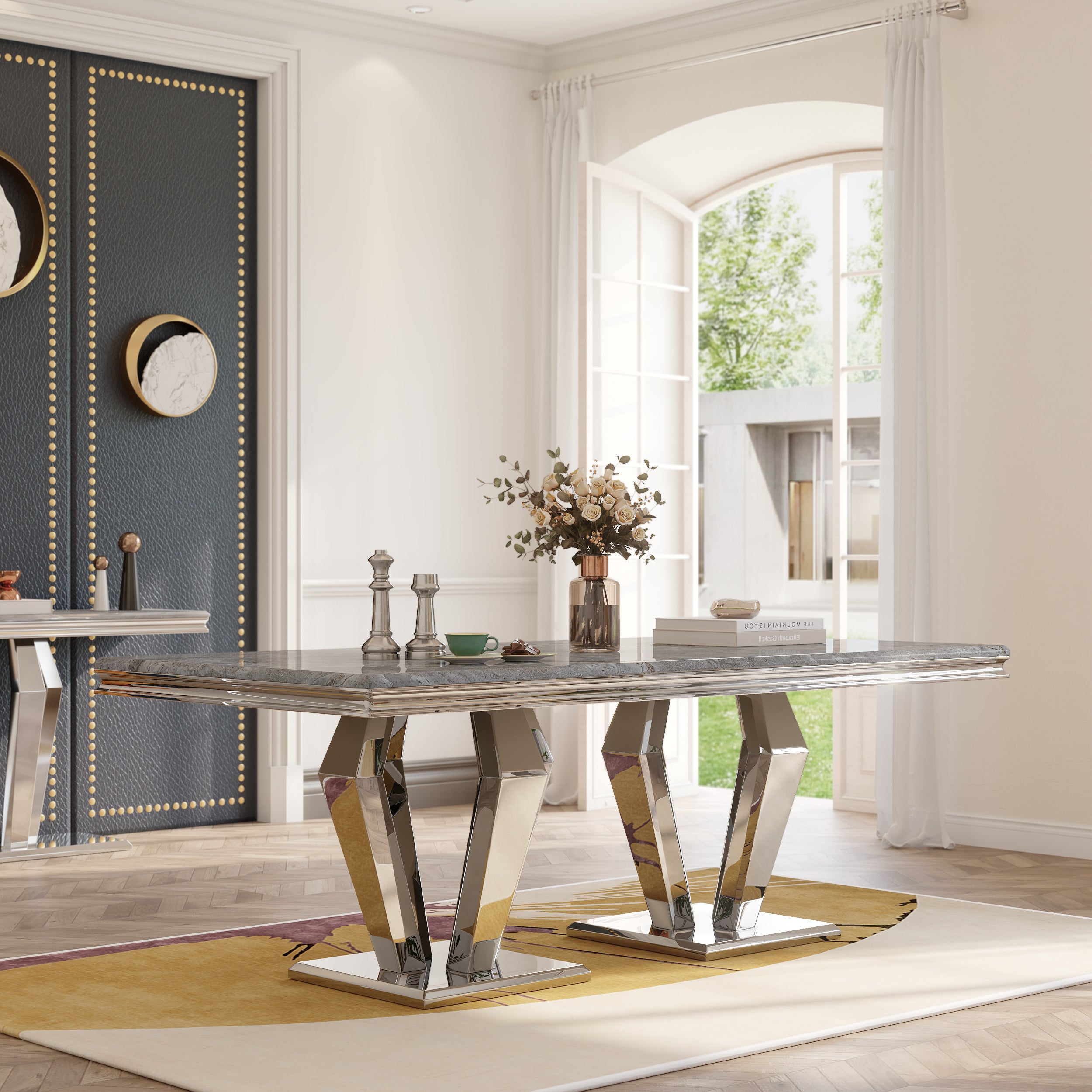 Dining table for 8 people | 78" Gray Top | Metal Four geometric legs | T210