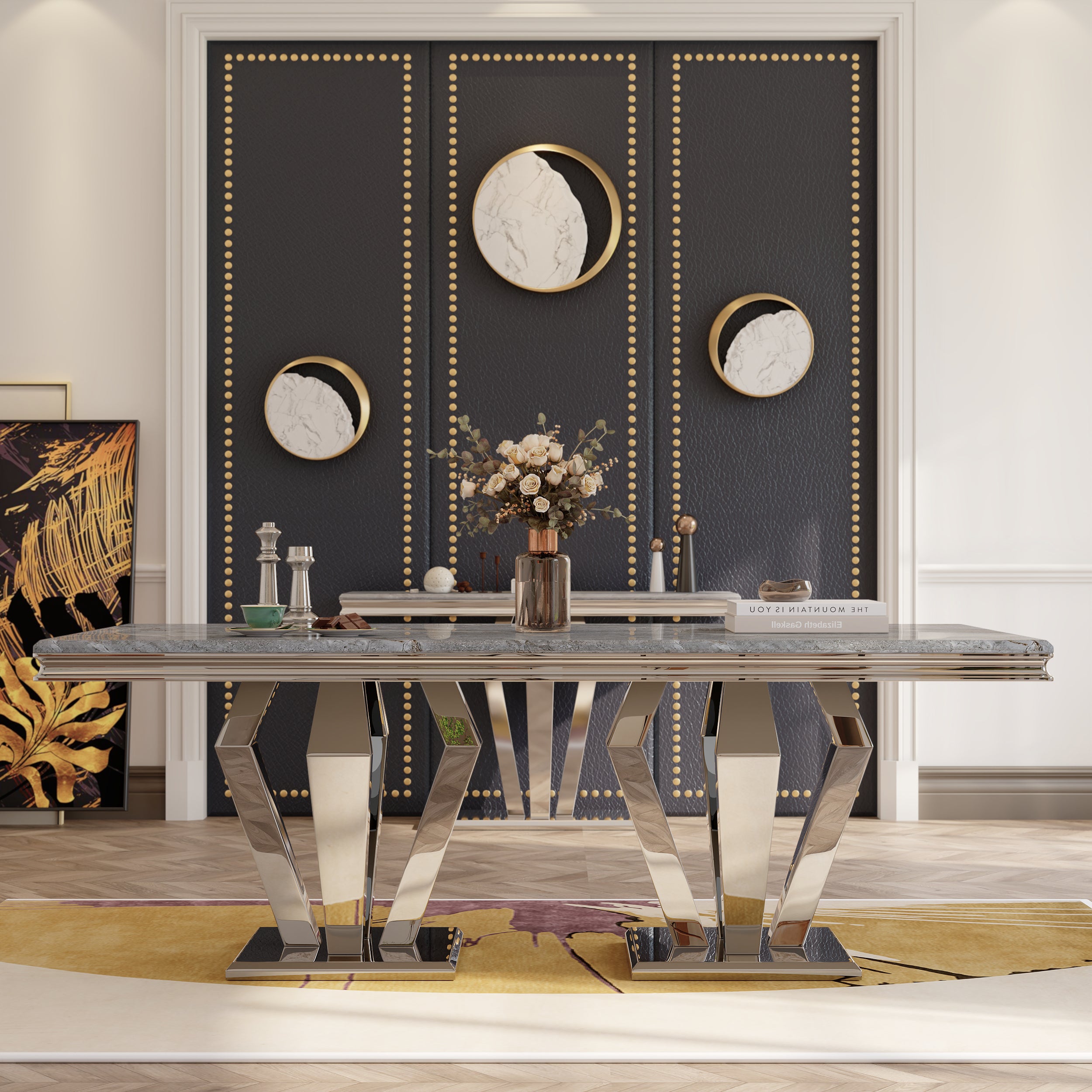 Dining table for 8 people | 78" Gray Top | Metal Four geometric legs | T210