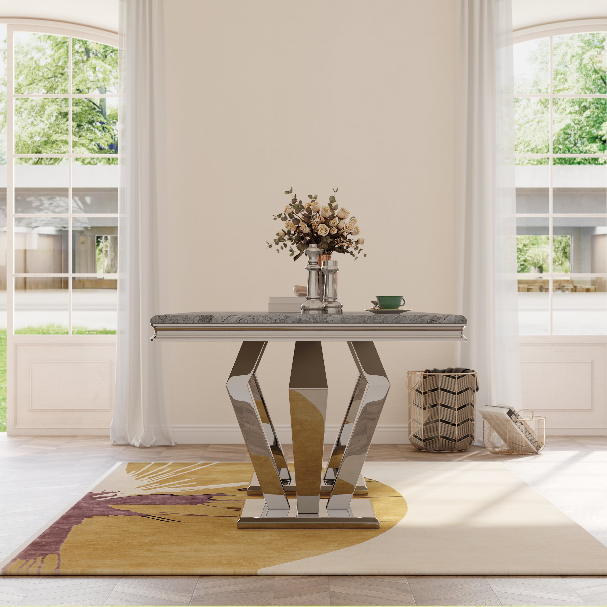 Dining table for 8 people | 78" Gray Top | Metal Four geometric legs | T210