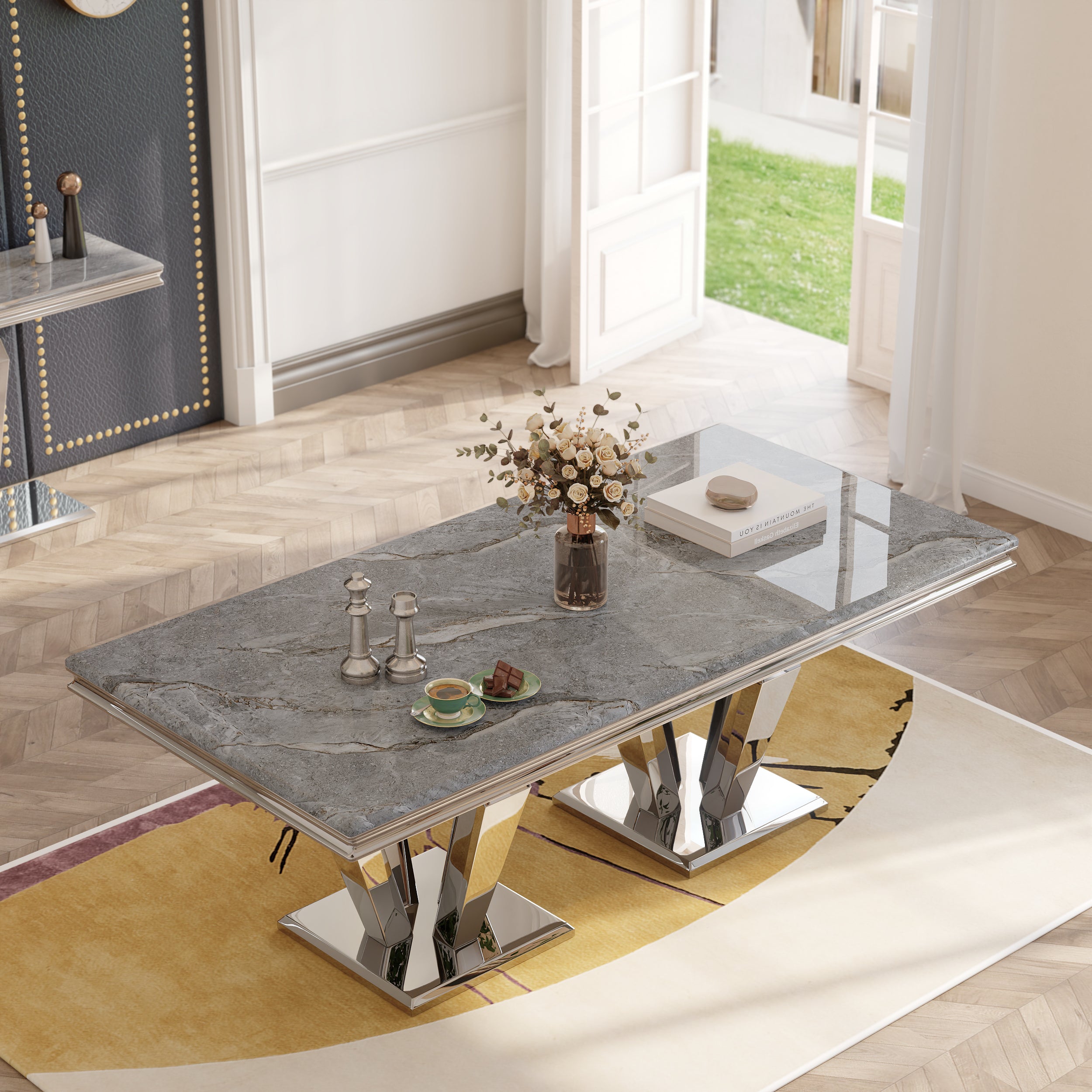 Dining table for 8 people | 78" Gray Top | Metal Four geometric legs | T210