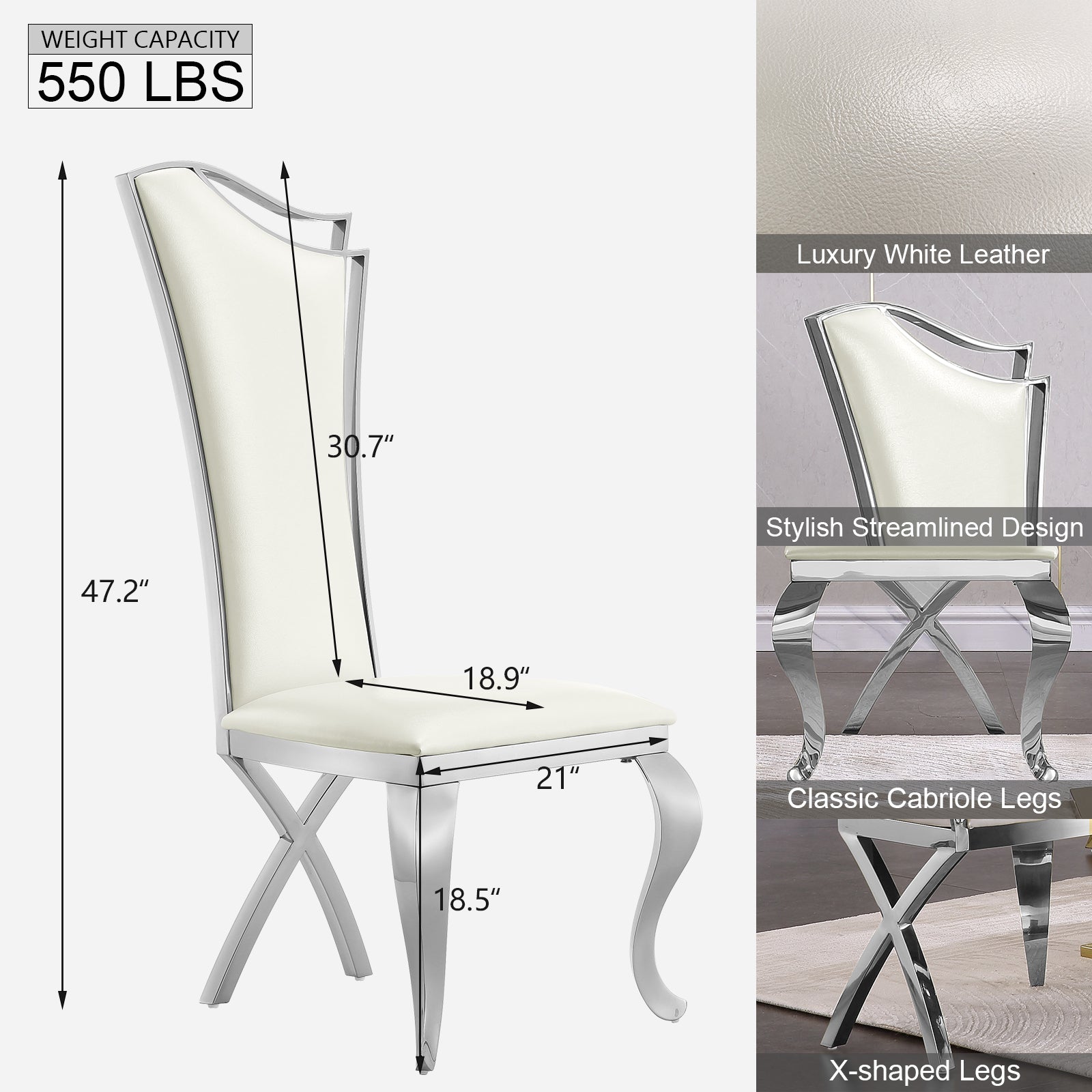 White leather  Dining Chairs | Streamlined High backrest | Silver Metal Legs | C165