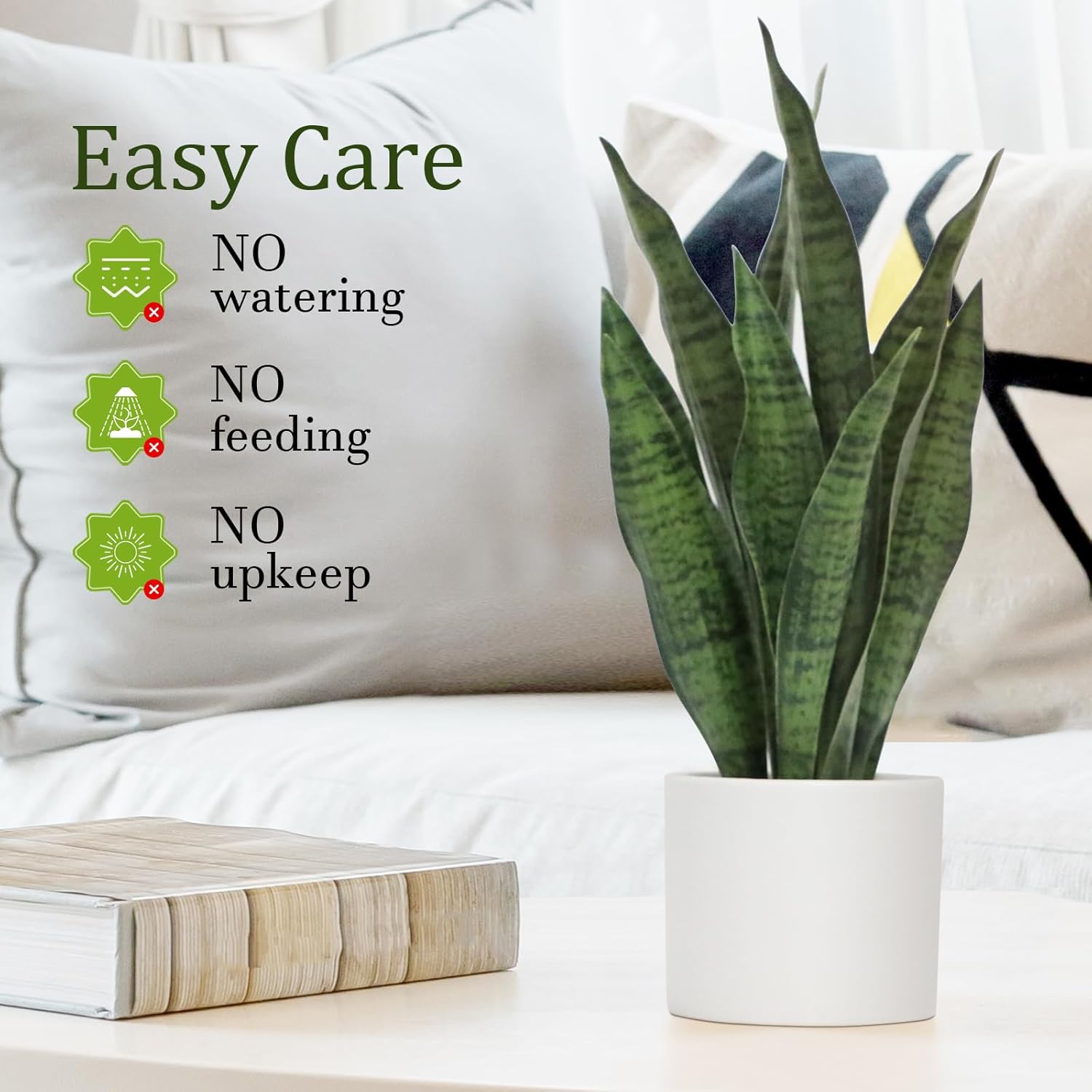 Artificial Snake Plant Set of 2 | 13.8"  Faux Snake Plant | with Pure White Ceramic Pots
