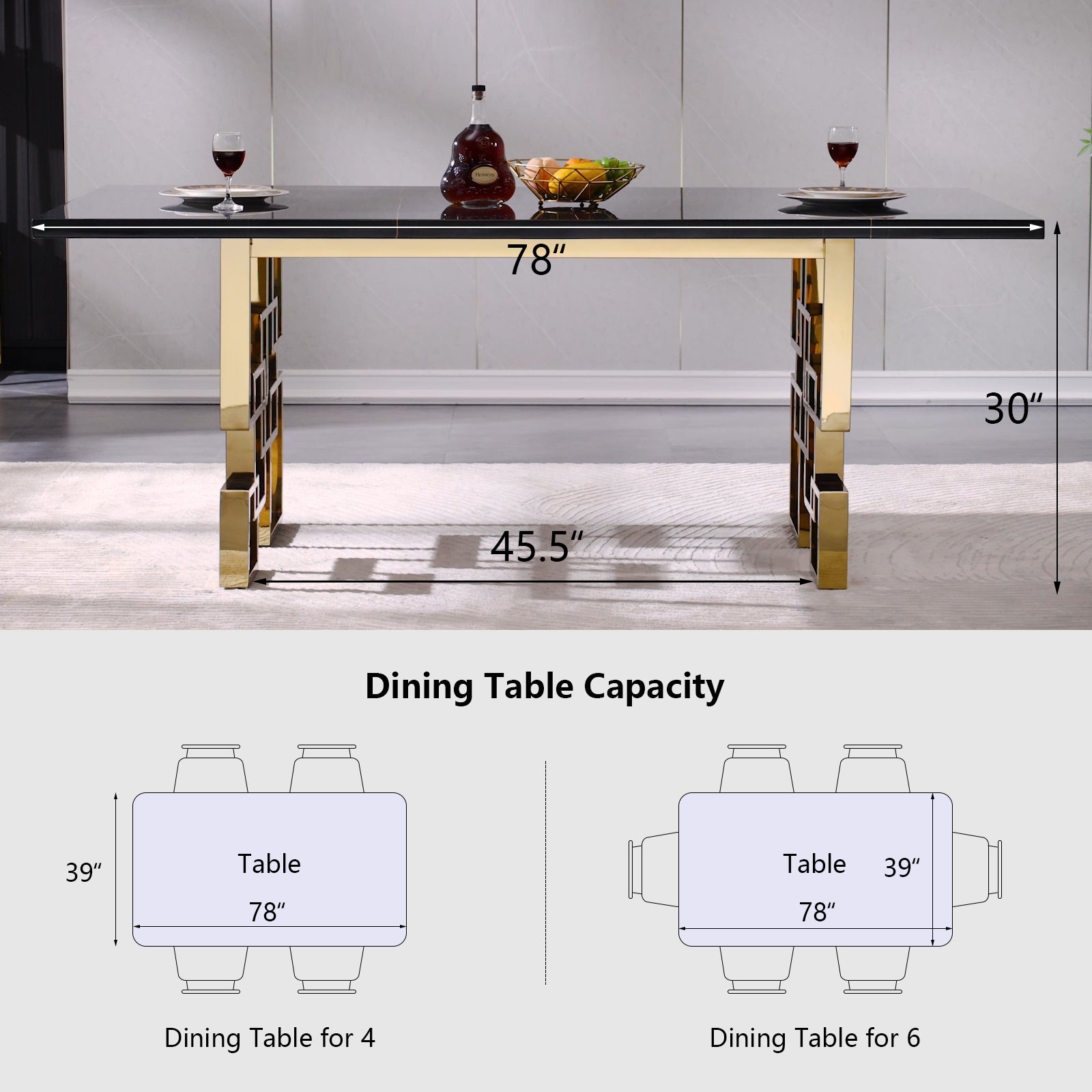 Black dining table | 78" Rectangle Top | Gold Metal geometric legs | T218