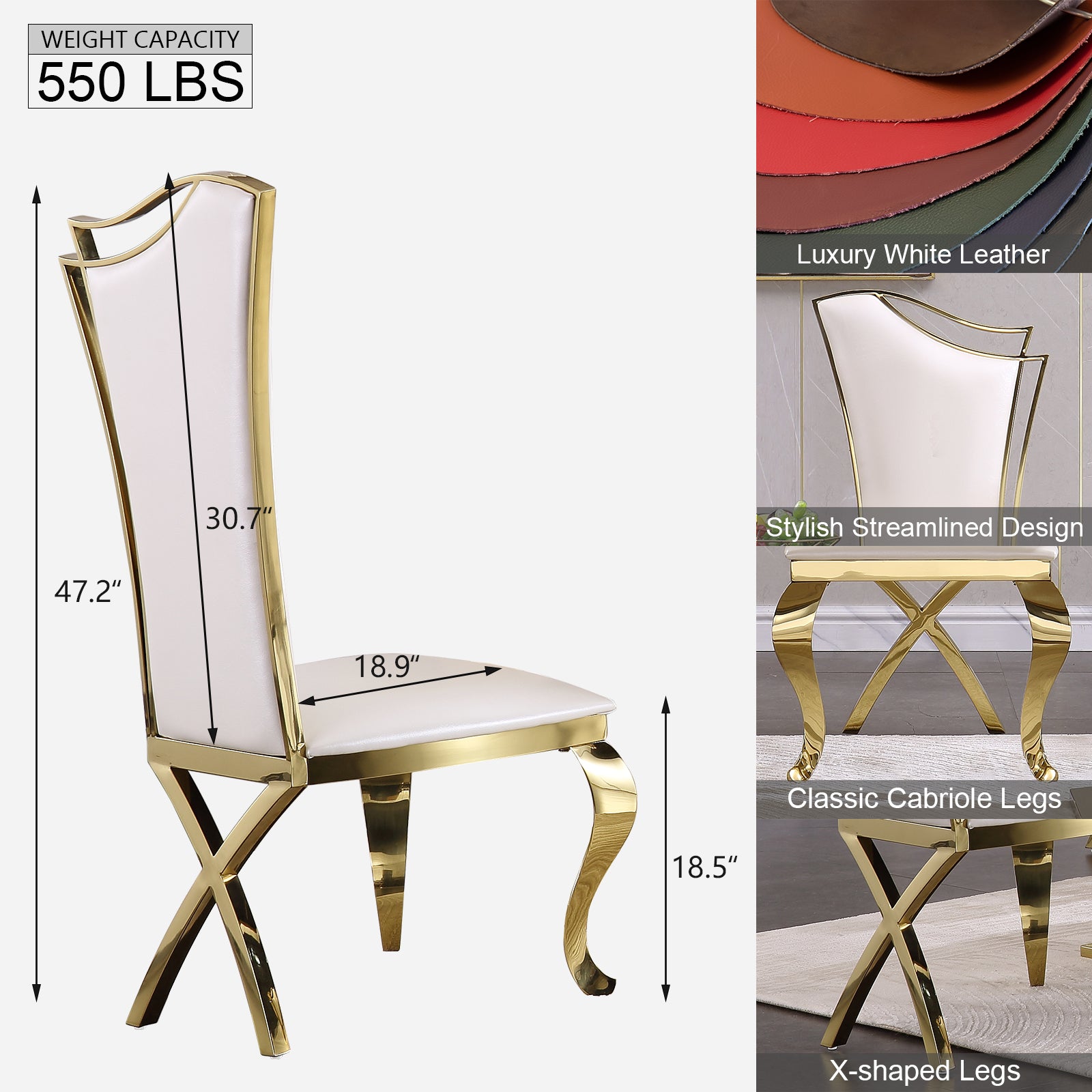 White Leather Upholstered Dining Chairs with Gorgeous Streamlined High Back and X-Shaped Metal Legs | C168