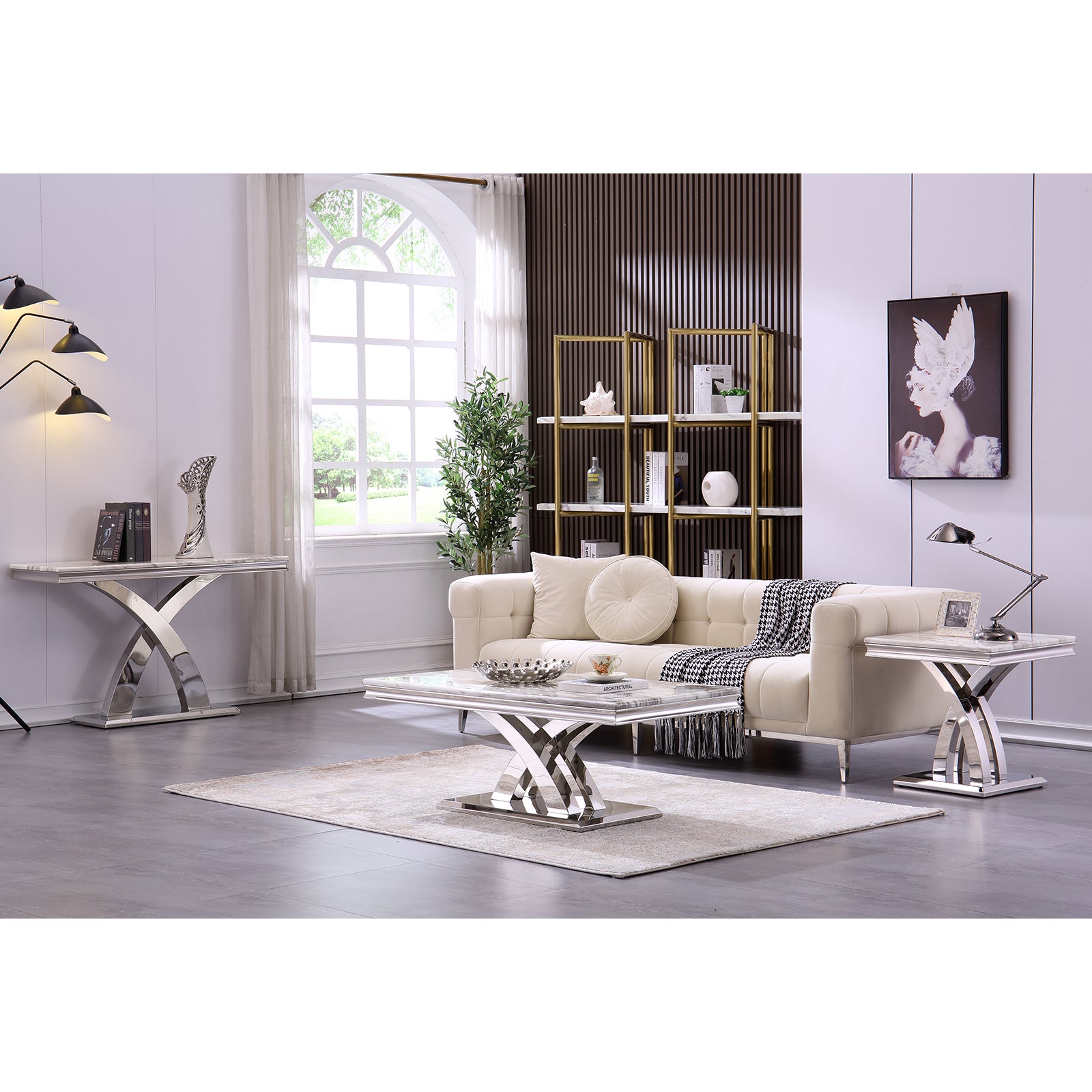 Gray Silver Sofa Table with Metal X Base | S506