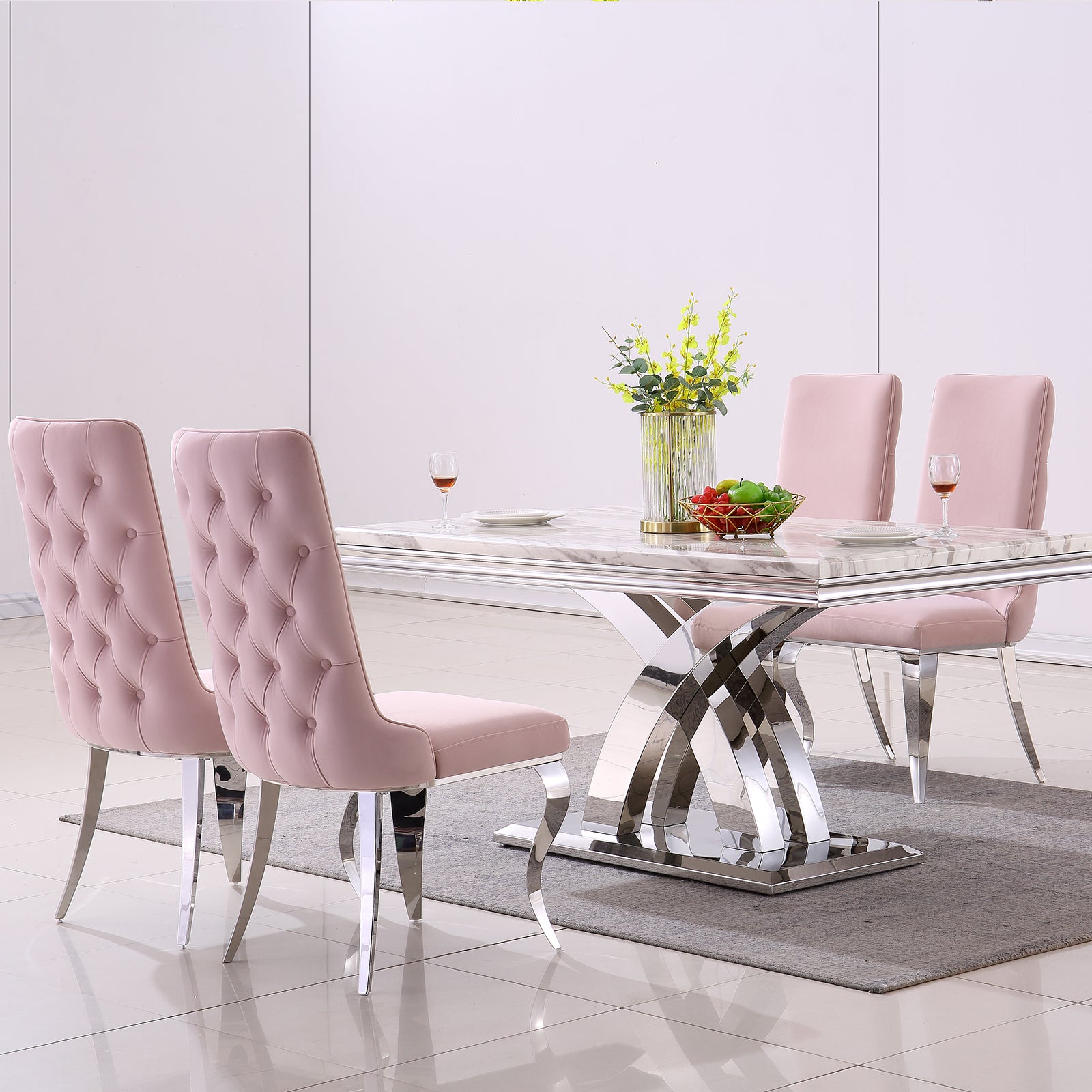 Pink velvet Dining Chairs | Button Back | Heavy duty | Silver metal legs | C162