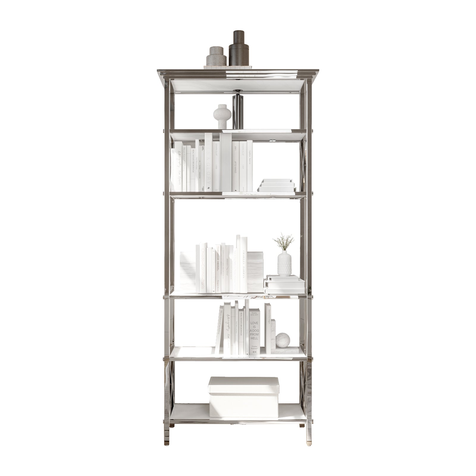 71 ” Silver Bookcase | White Glass Tabletop with Stainless Steel Frame | 1 PCS 6 Tier Bookshelf for Living Room Study Room