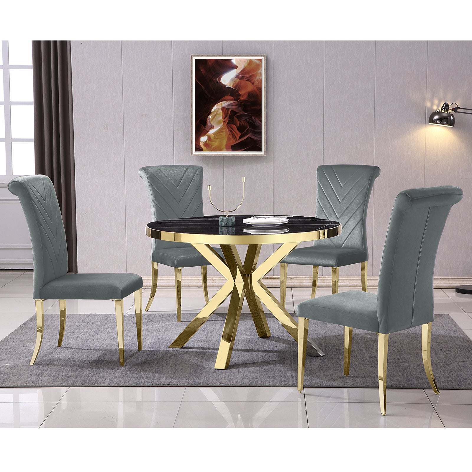 Gray velvet dining chairs | High Rolled Back | Gold metal legs | C169