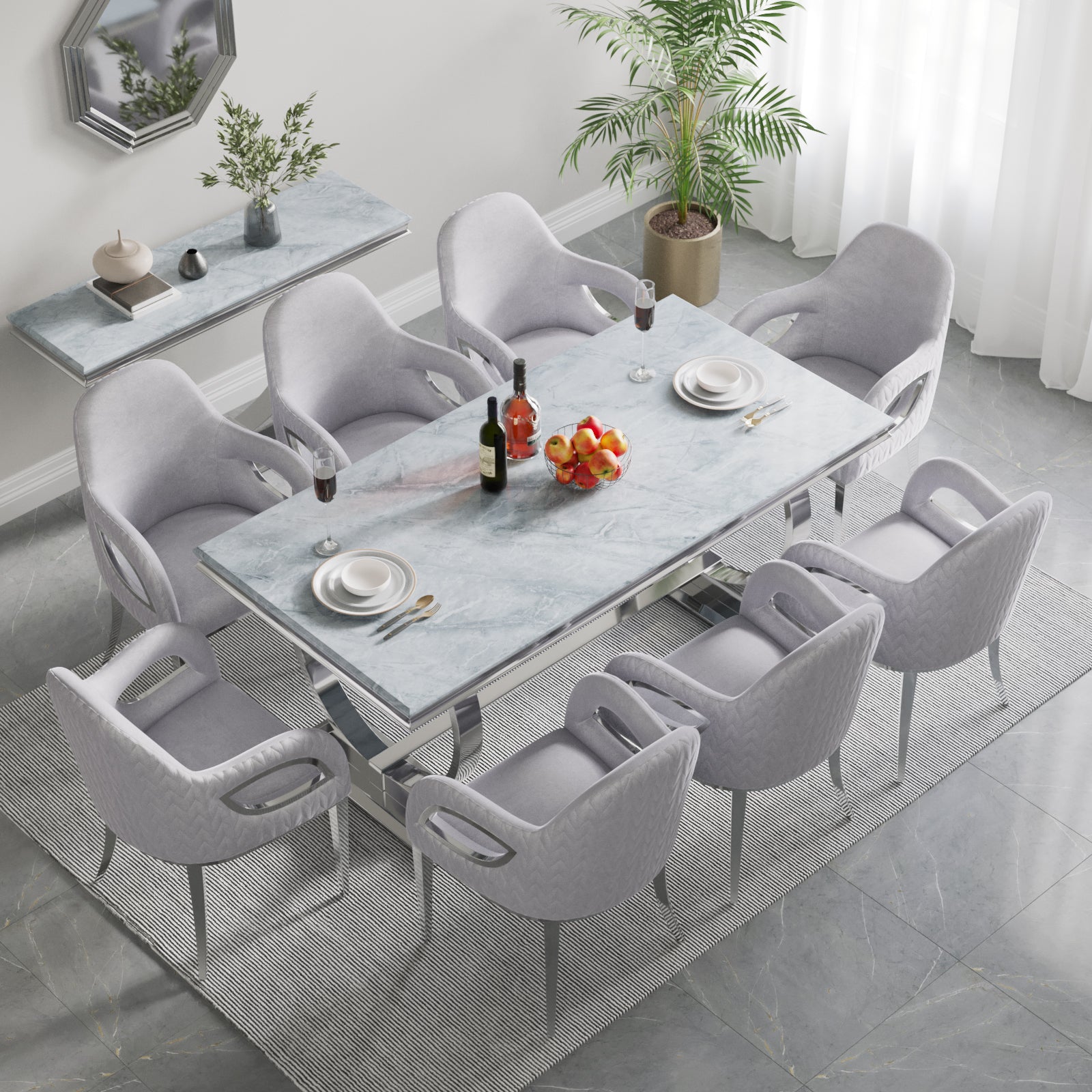 Silver Velvet Chairs | Fox-Eye Armrest | Metal legs | C100