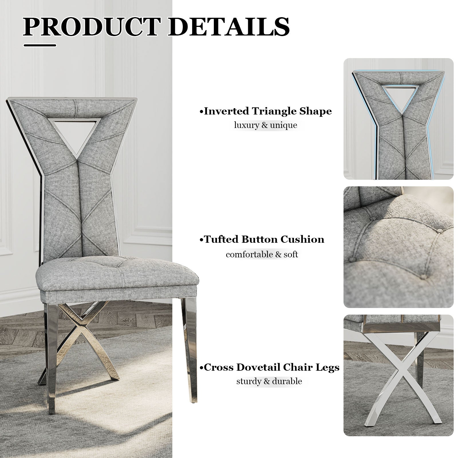 Gray and Silver Dining Chairs | Chenille Dining Chairs | X-shaped Polished Leg | C183