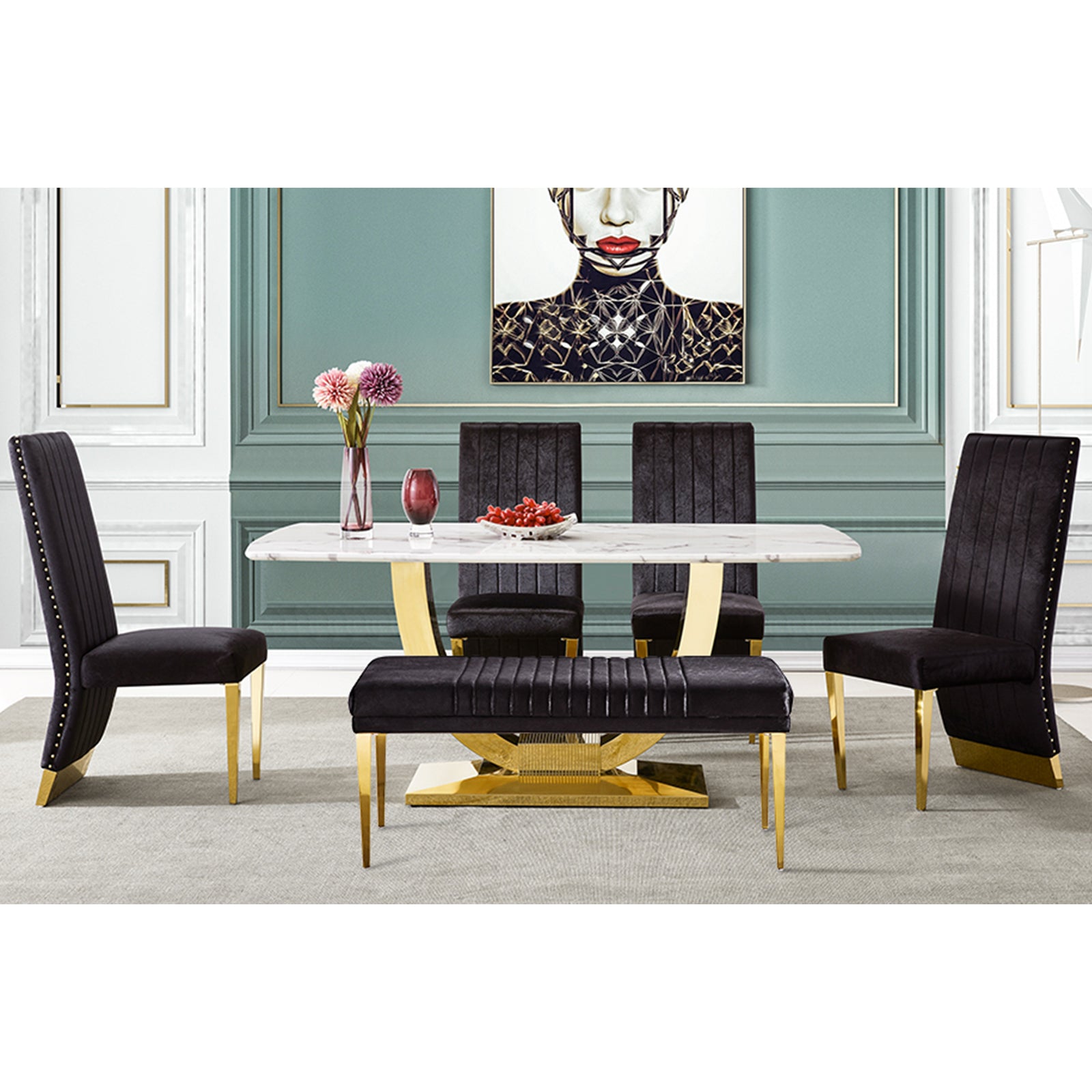 Black Velvet Dining Chairs | Nailhead Trim | Gold Metal legs | C158