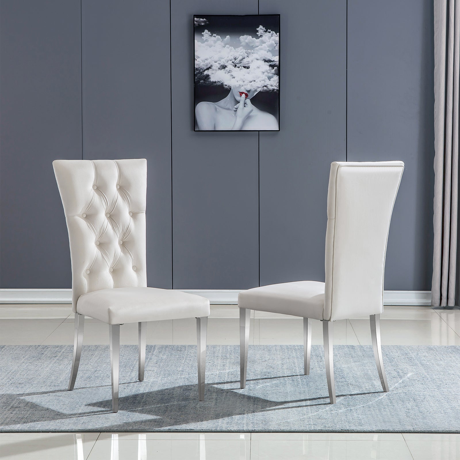 White Velvet Dining Chairs | Buttons Tufted | High Back| C126