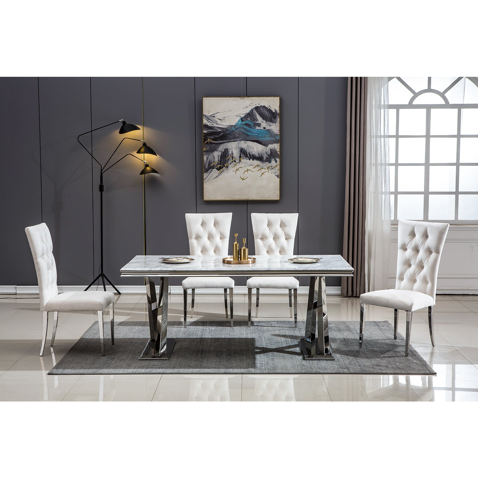 White Velvet Dining Chairs | Buttons Tufted | High Back| C126